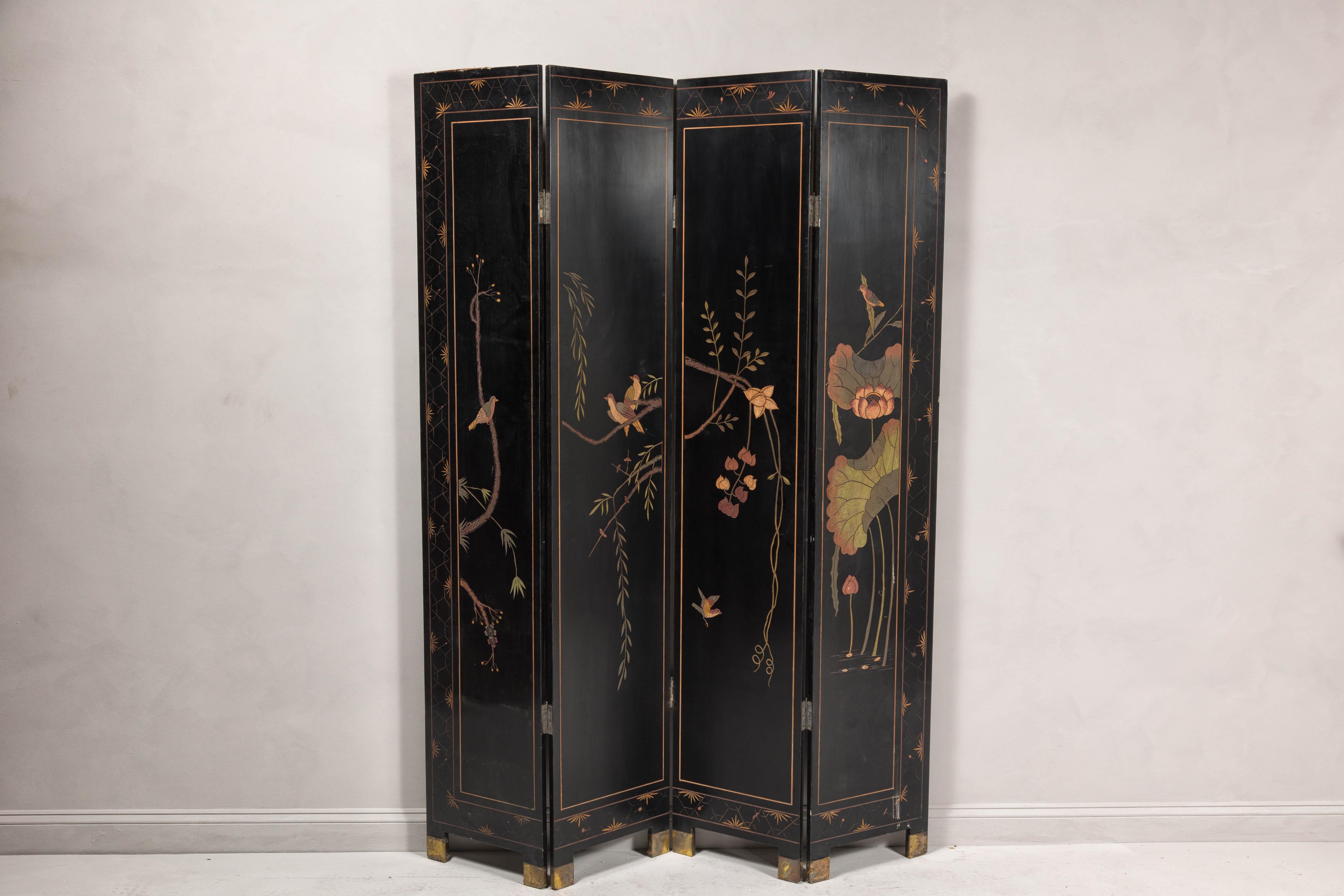 Black Lacquered Four-Panel Screen with Polychrome Bird, Foliage and Tree Décor 12