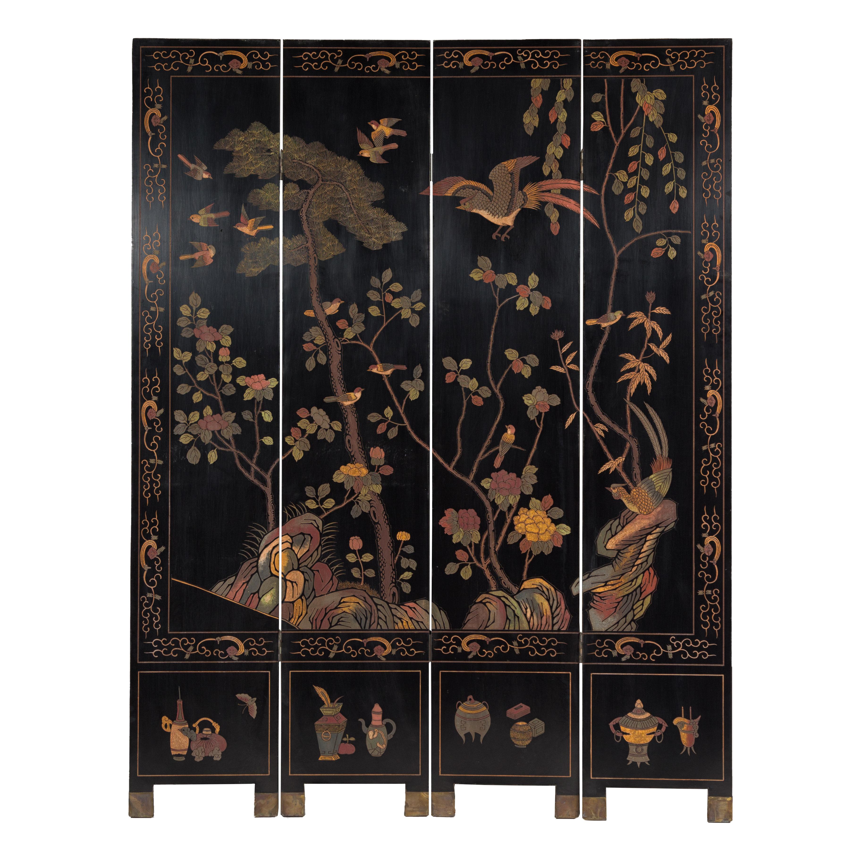 Black Lacquered Four-Panel Screen with Polychrome Bird, Foliage and Tree Décor For Sale 14