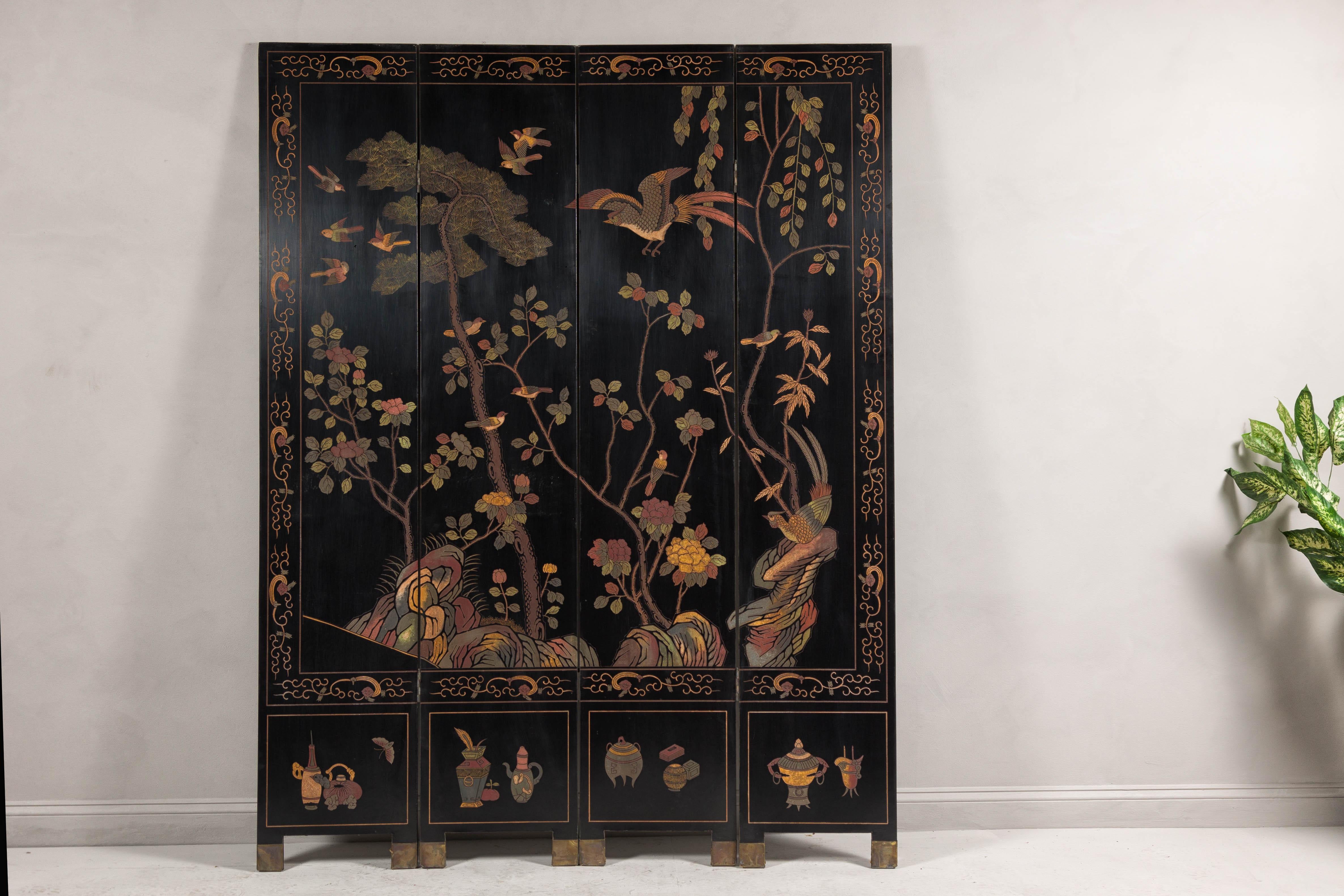 Chinese Black Lacquered Four-Panel Screen with Polychrome Bird, Foliage and Tree Décor For Sale