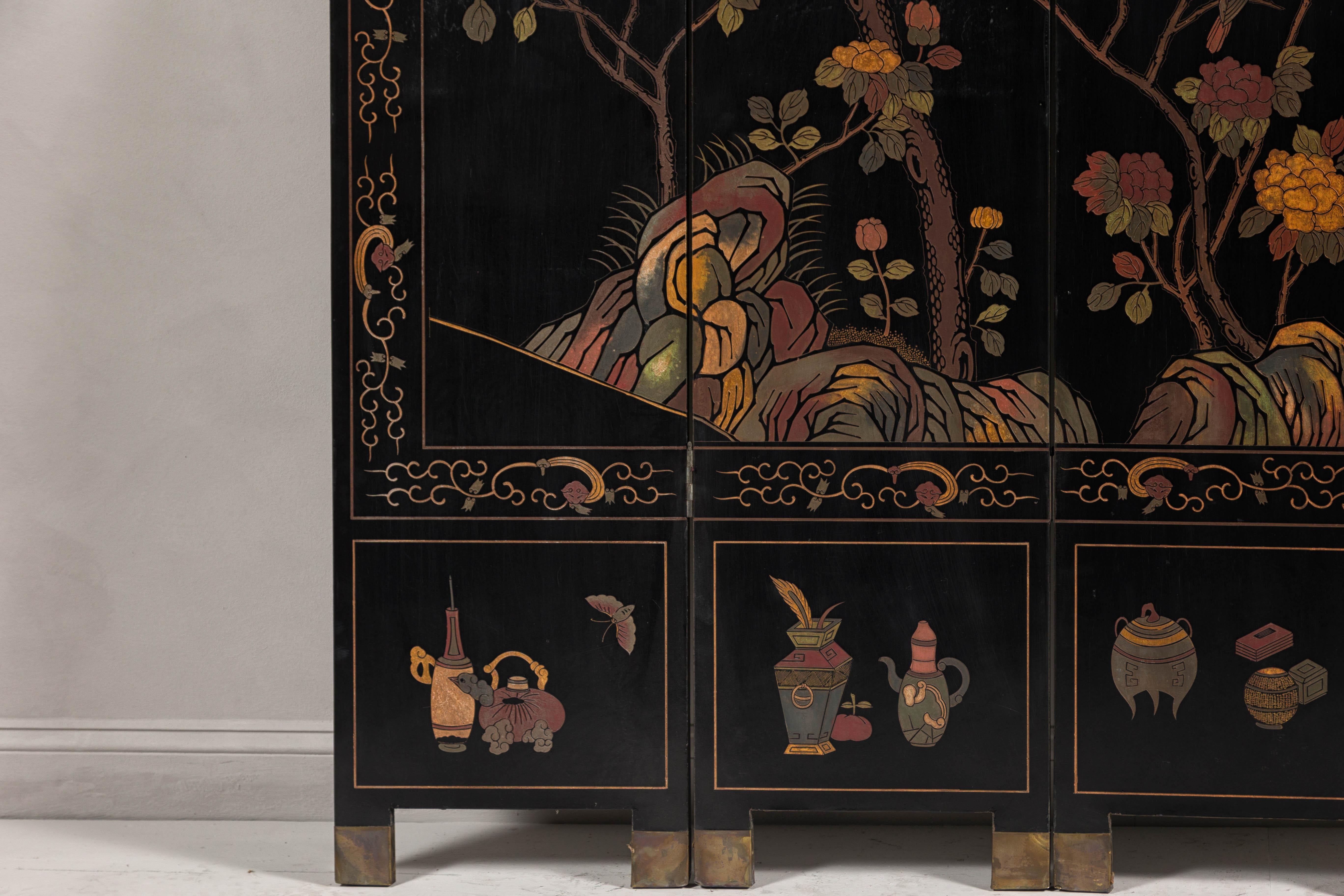 Wood Black Lacquered Four-Panel Screen with Polychrome Bird, Foliage and Tree Décor For Sale