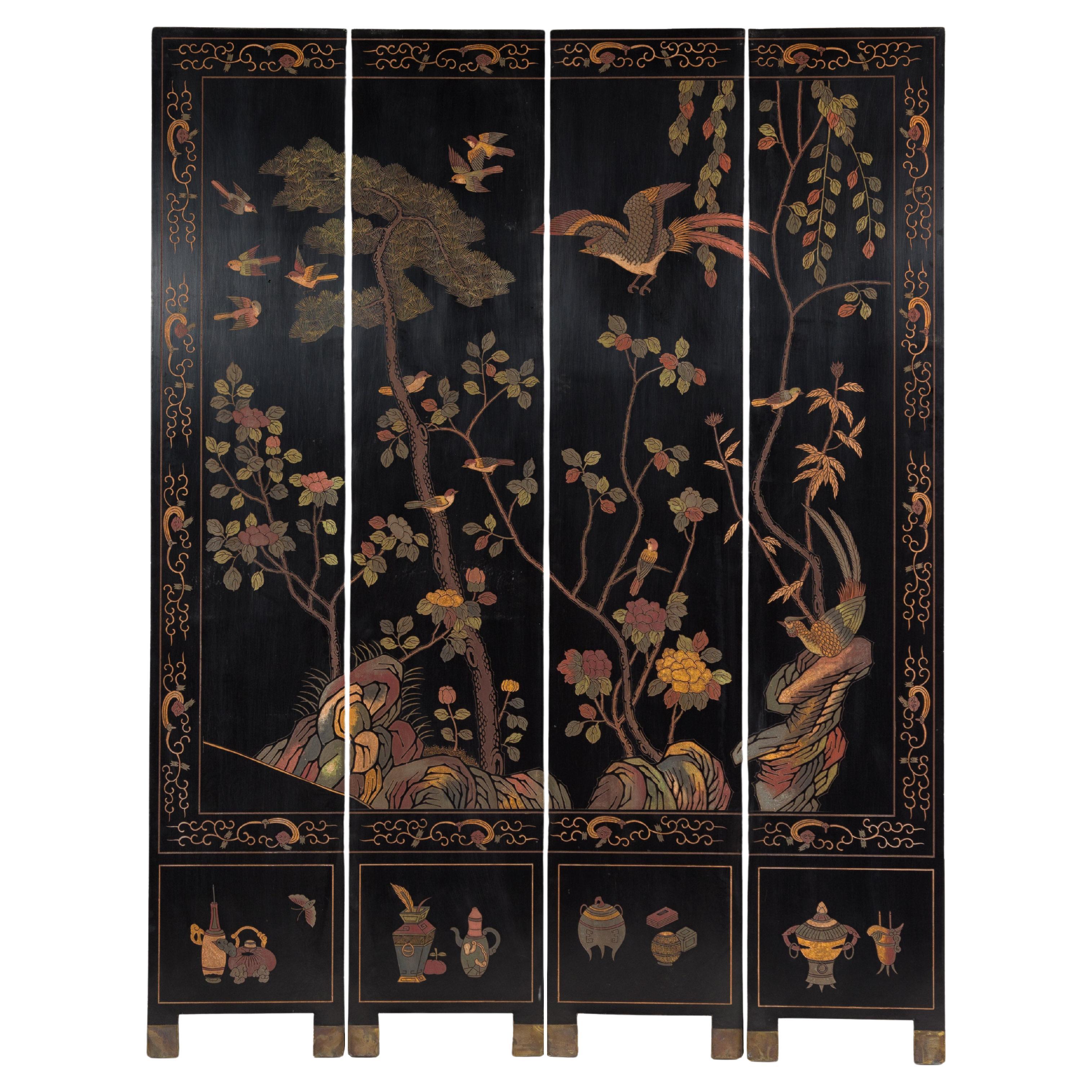 Black Lacquered Four-Panel Screen with Polychrome Bird, Foliage and Tree Décor For Sale