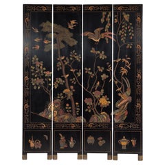 Retro Black Lacquered Four-Panel Screen with Polychrome Bird, Foliage and Tree Décor