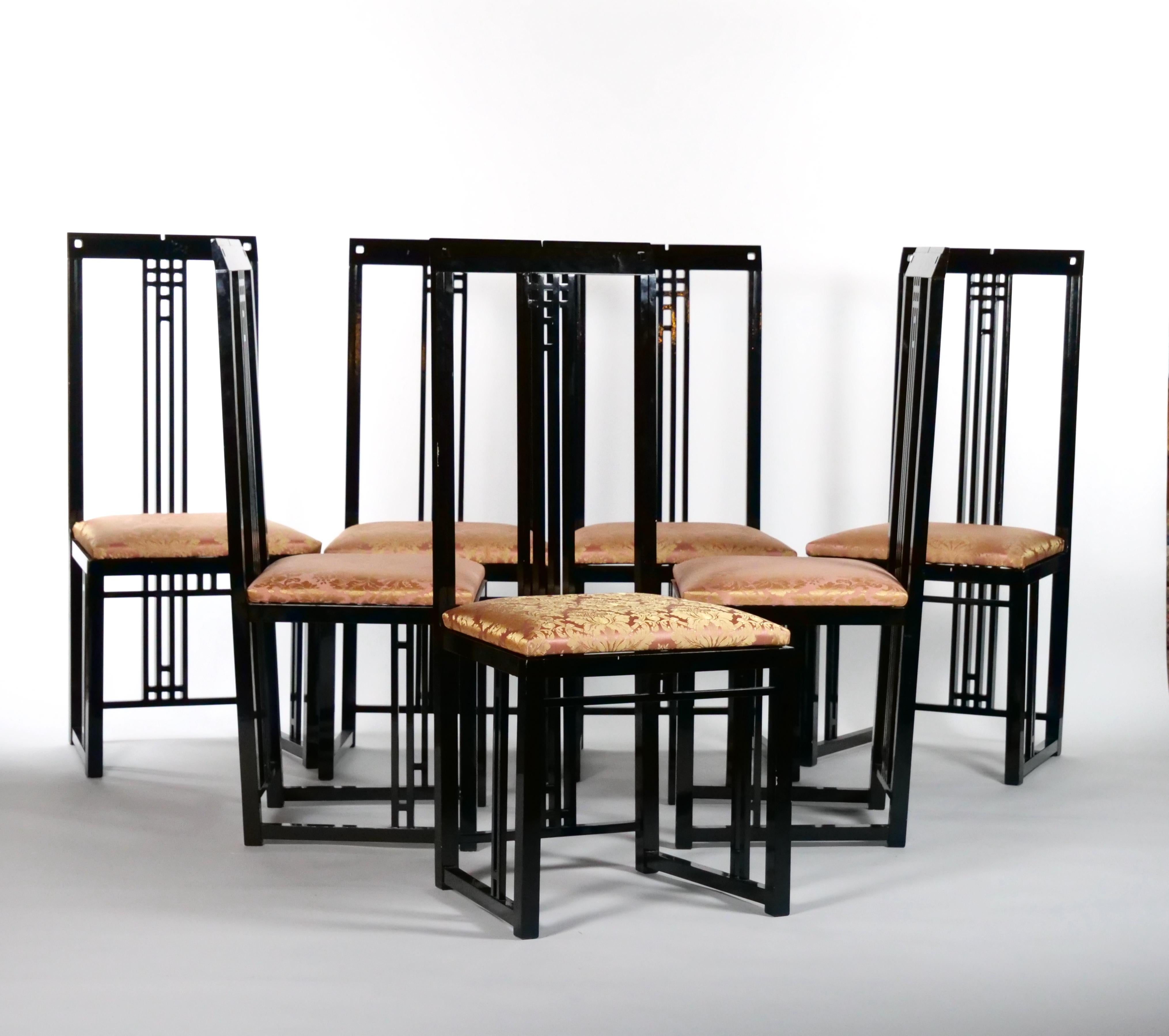 Mid-20th Century Black Lacquered Frame / Upholstered Dining Chair Set 10 For Sale