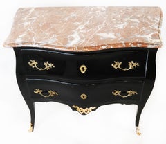 Black Lacquered French Bombe Commode with Marble Top