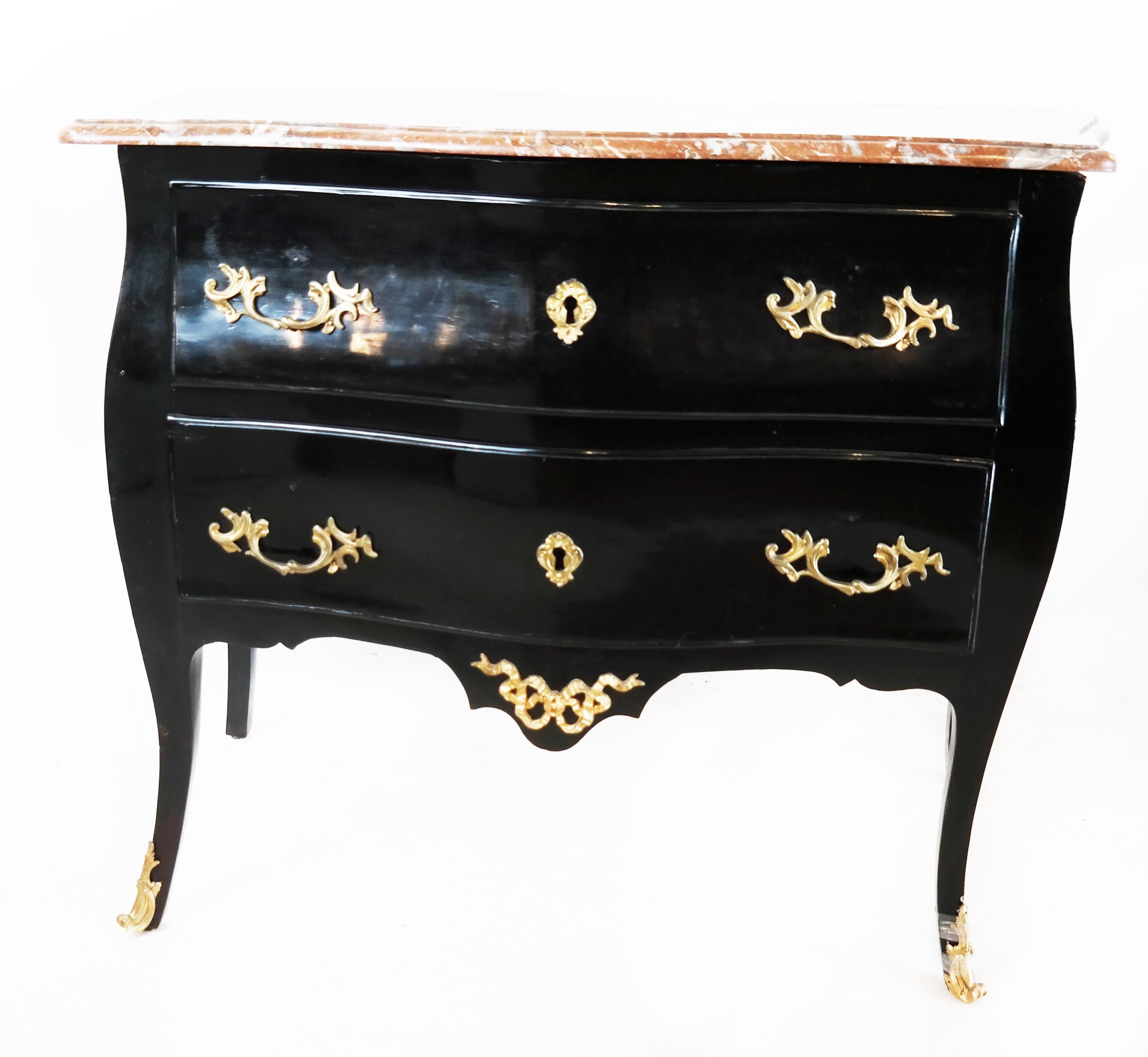 Louis XV Black Lacquered French Bombe Commode with Marble Top