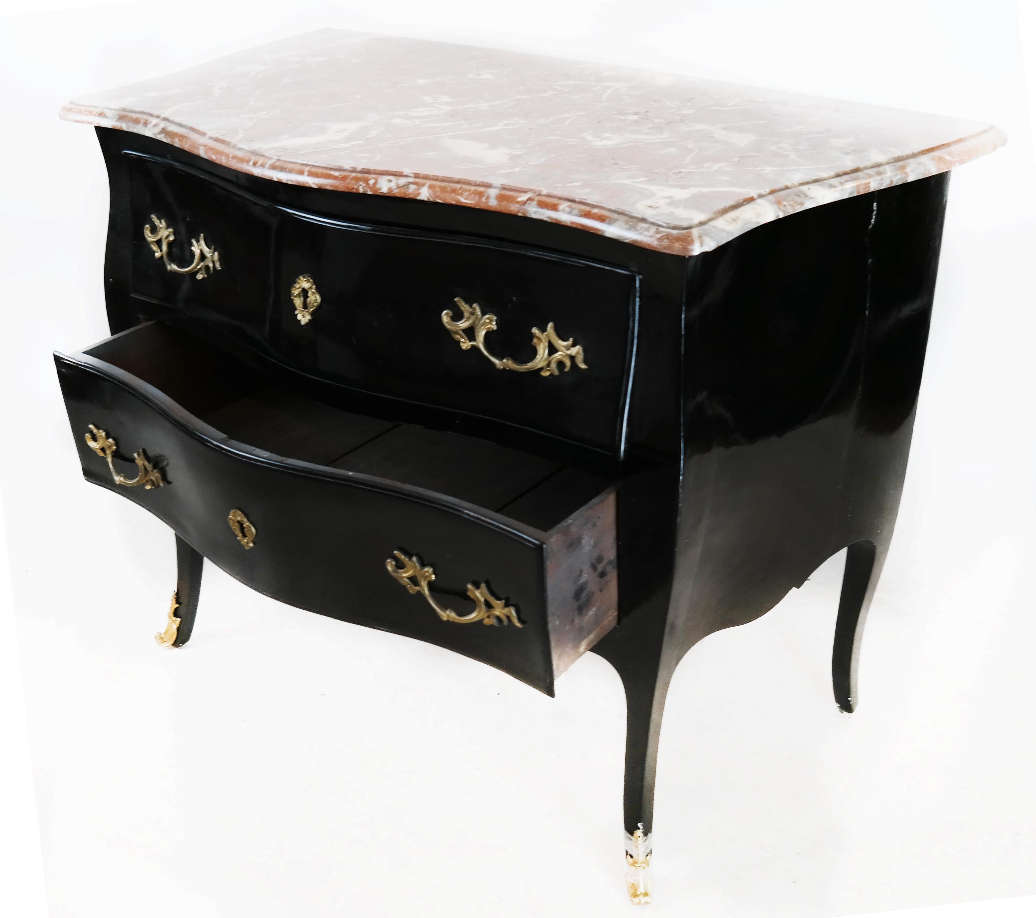 Black Lacquered French Bombe Commode with Marble Top In Good Condition In Locust Valley, NY