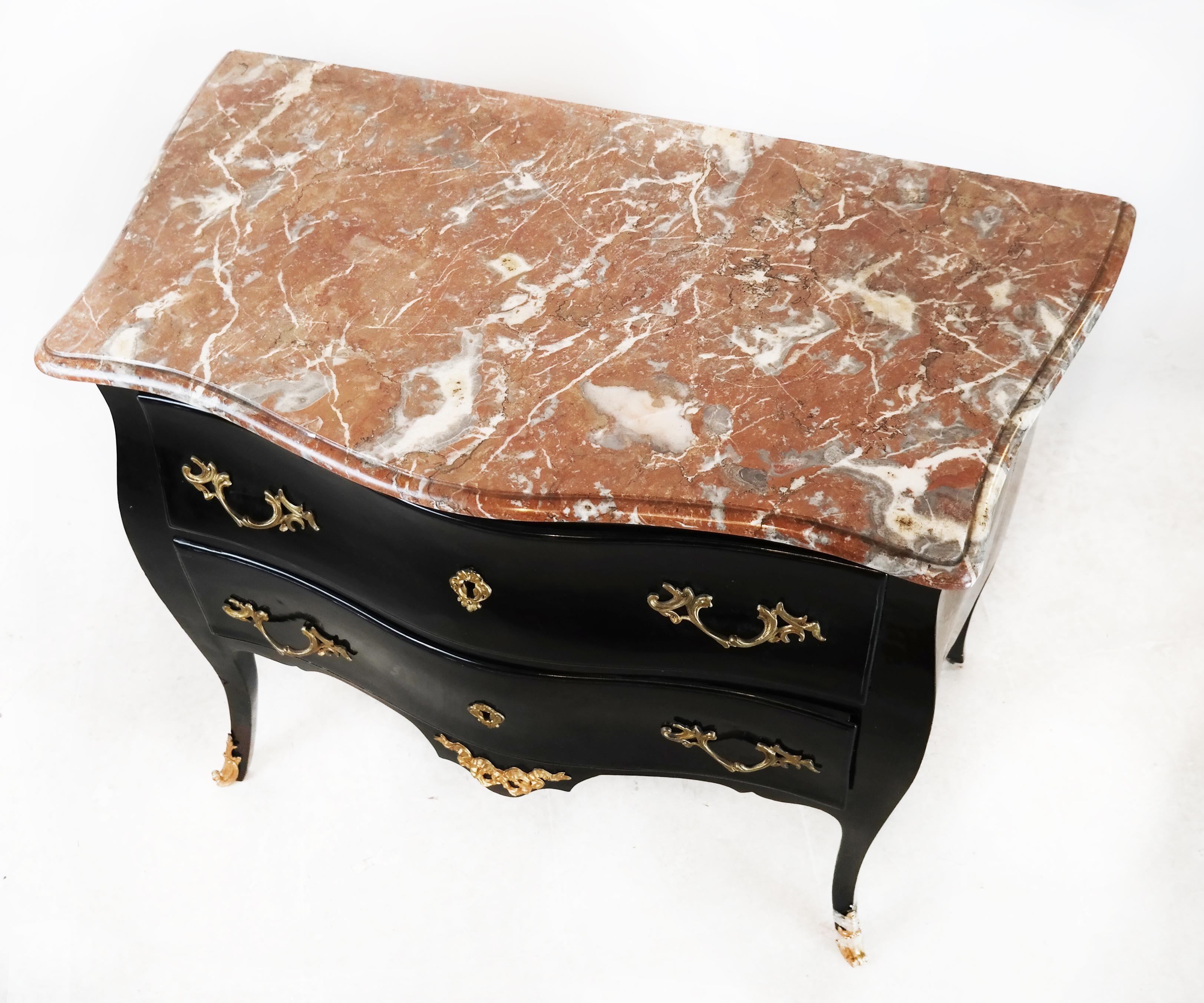 20th Century Black Lacquered French Bombe Commode with Marble Top