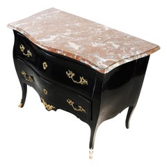 Black Lacquered French Bombe Commode with Marble Top