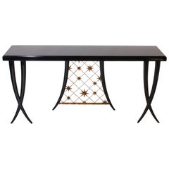 Black Lacquered French Console in Mahogany with Brass Star Gold Leaf Metal