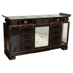 Black Lacquered & Gilt Decorated Details /Green Leather Top Sideboard / Server