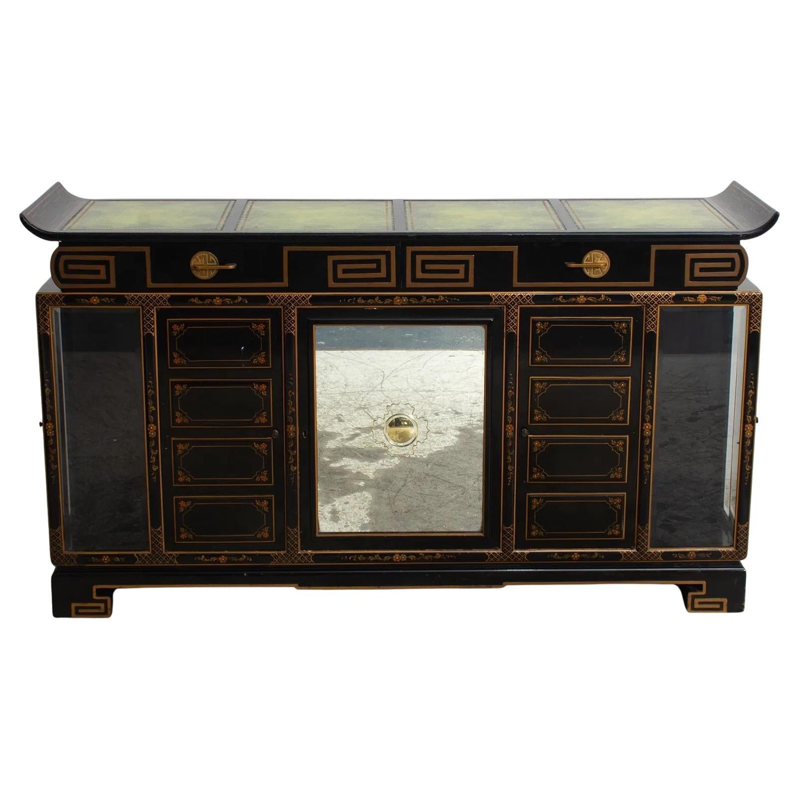 Black Lacquered 
Gilt Decorated Details /Green Leather Top Sideboard / Server For Sale