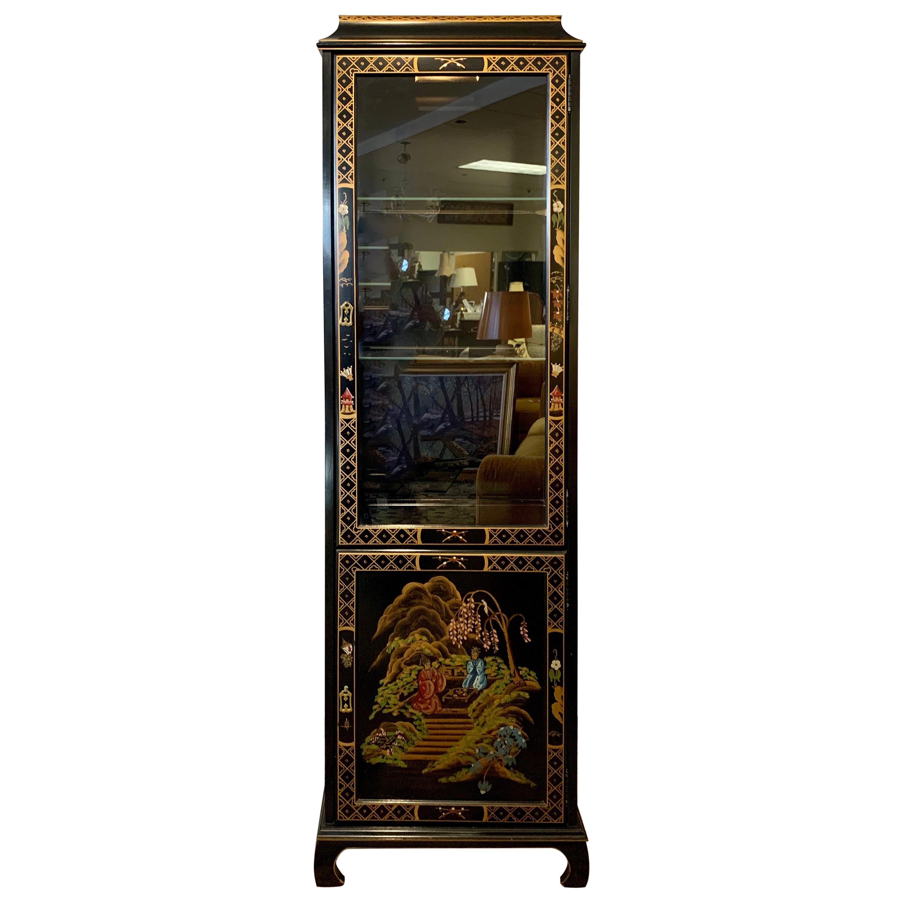 Black Lacquered Hand Painted Chinoiserie Lighted Display China Cabinet Vitrine