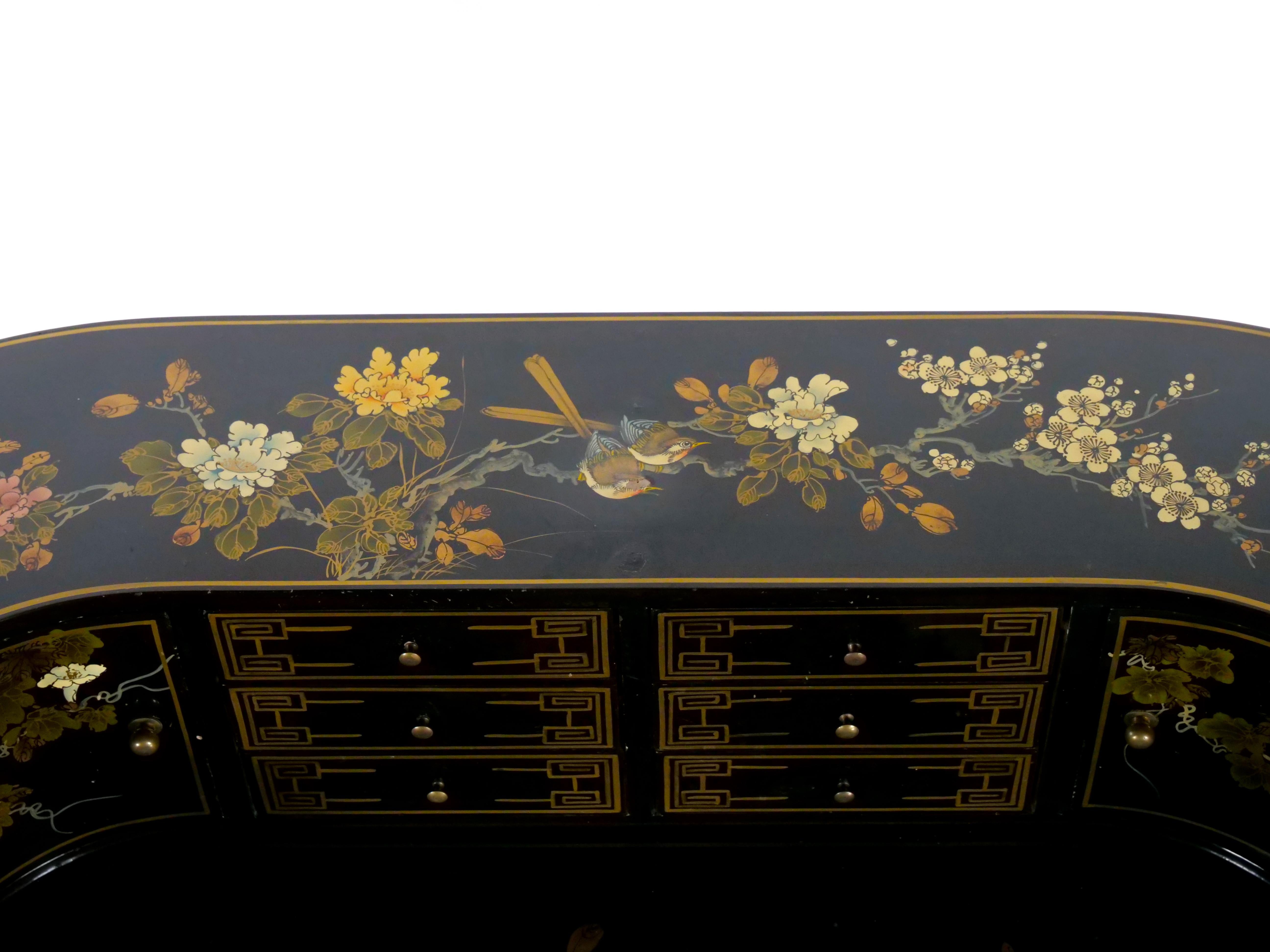 Black Lacquered Hand Painted / Decorated Chinoiserie Desk 8