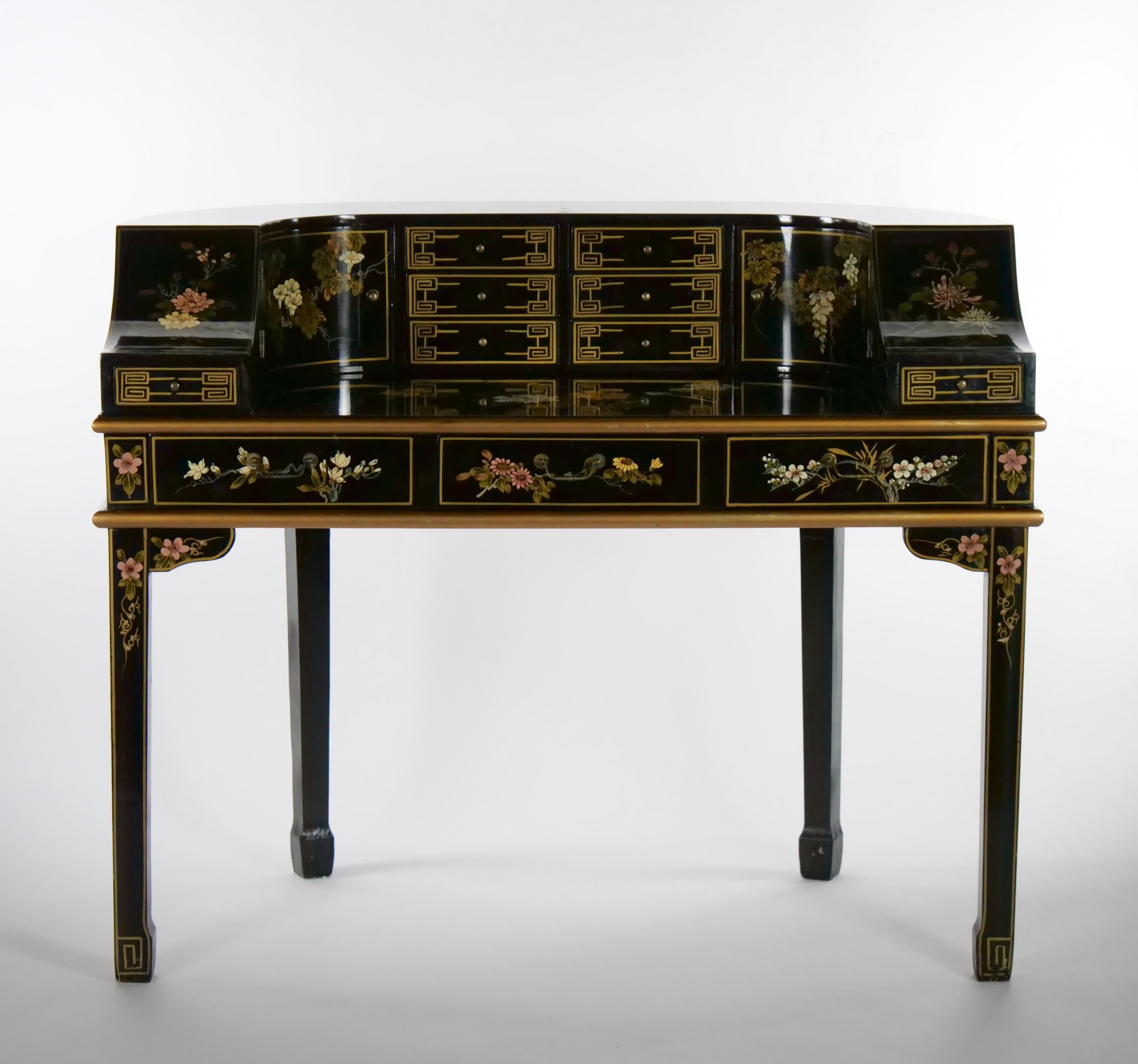 Black Lacquered Hand Painted / Decorated Chinoiserie Desk 14