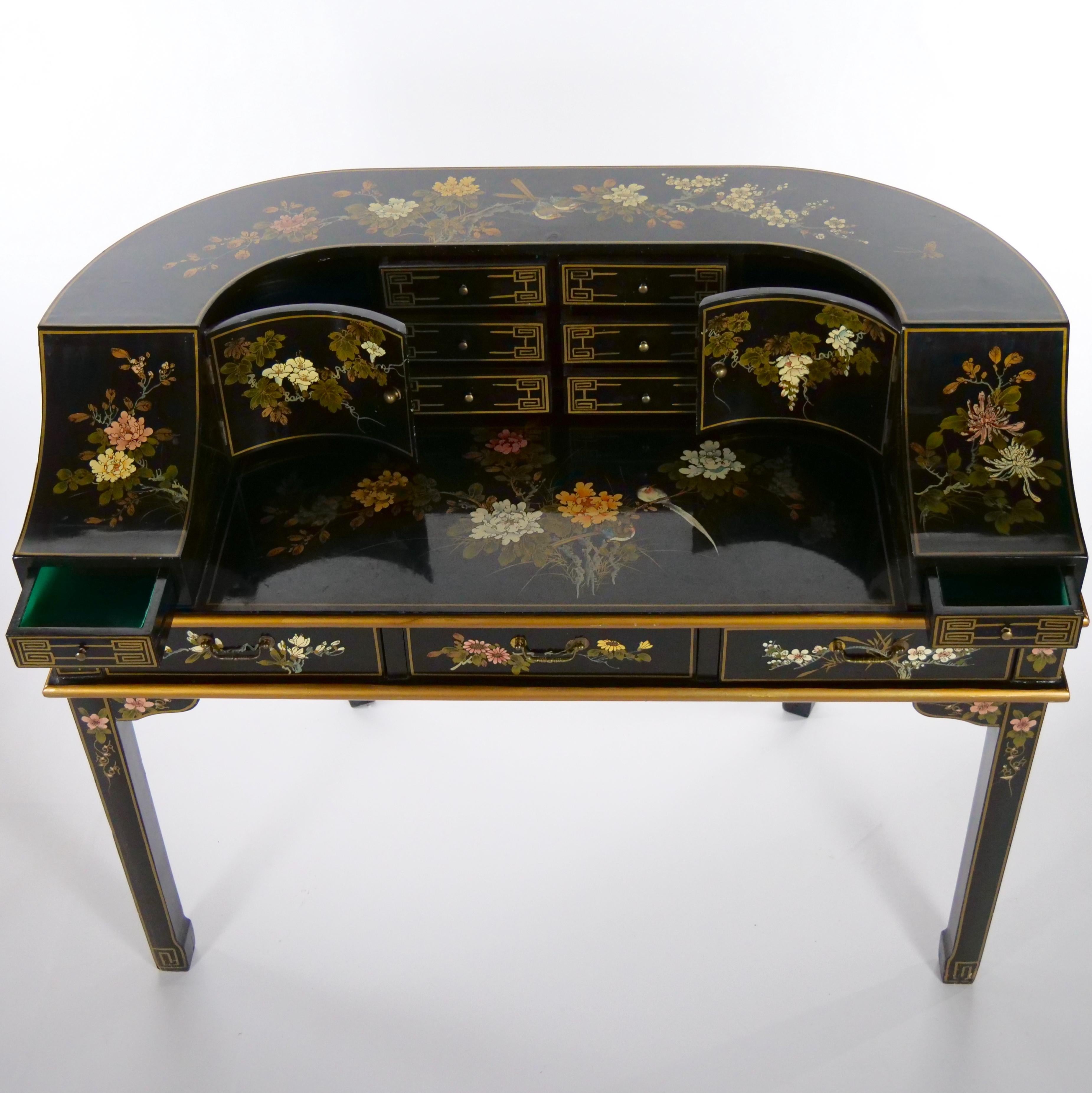 Hand-Carved Black Lacquered Hand Painted / Decorated Chinoiserie Desk