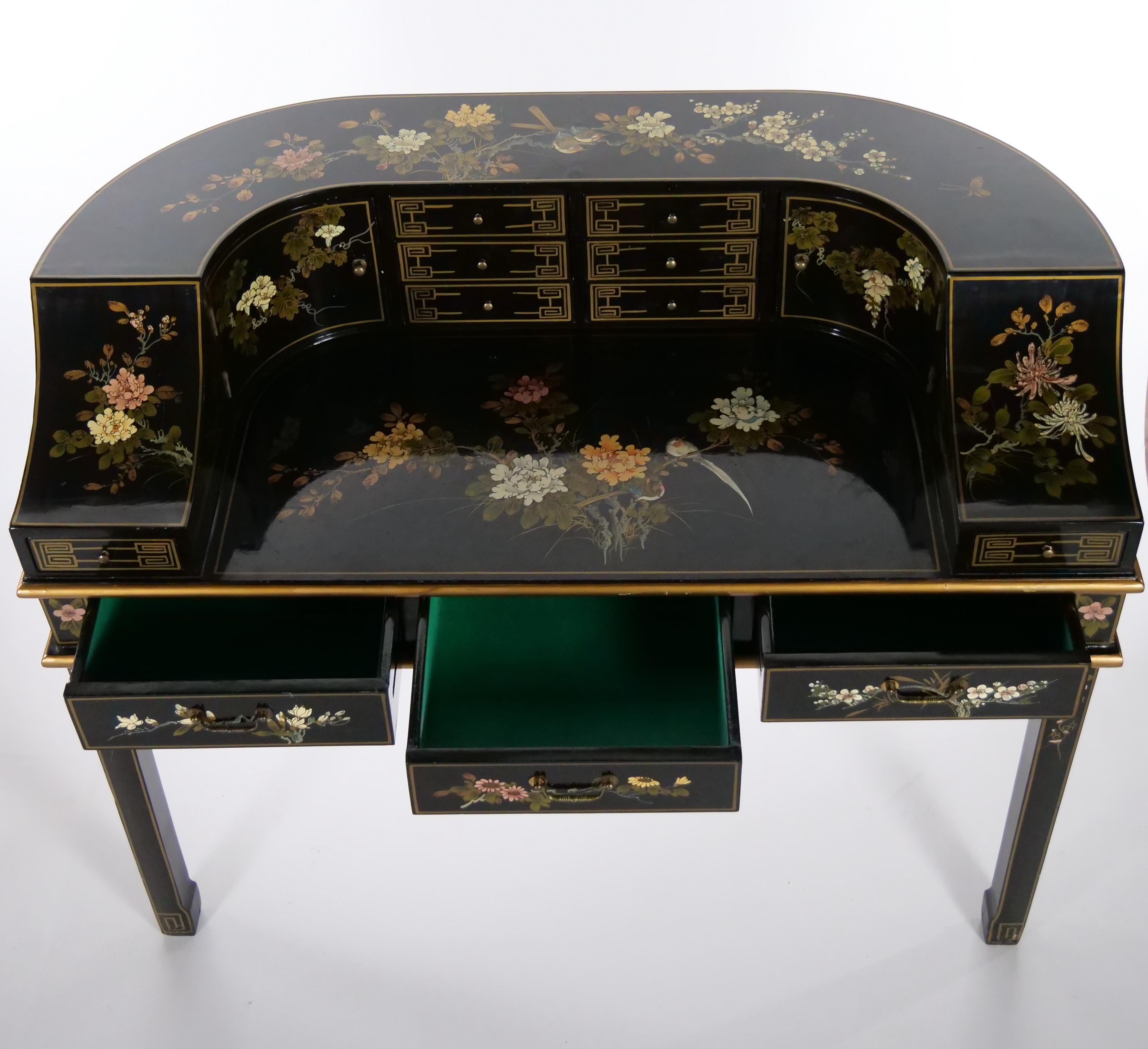 20th Century Black Lacquered Hand Painted / Decorated Chinoiserie Desk