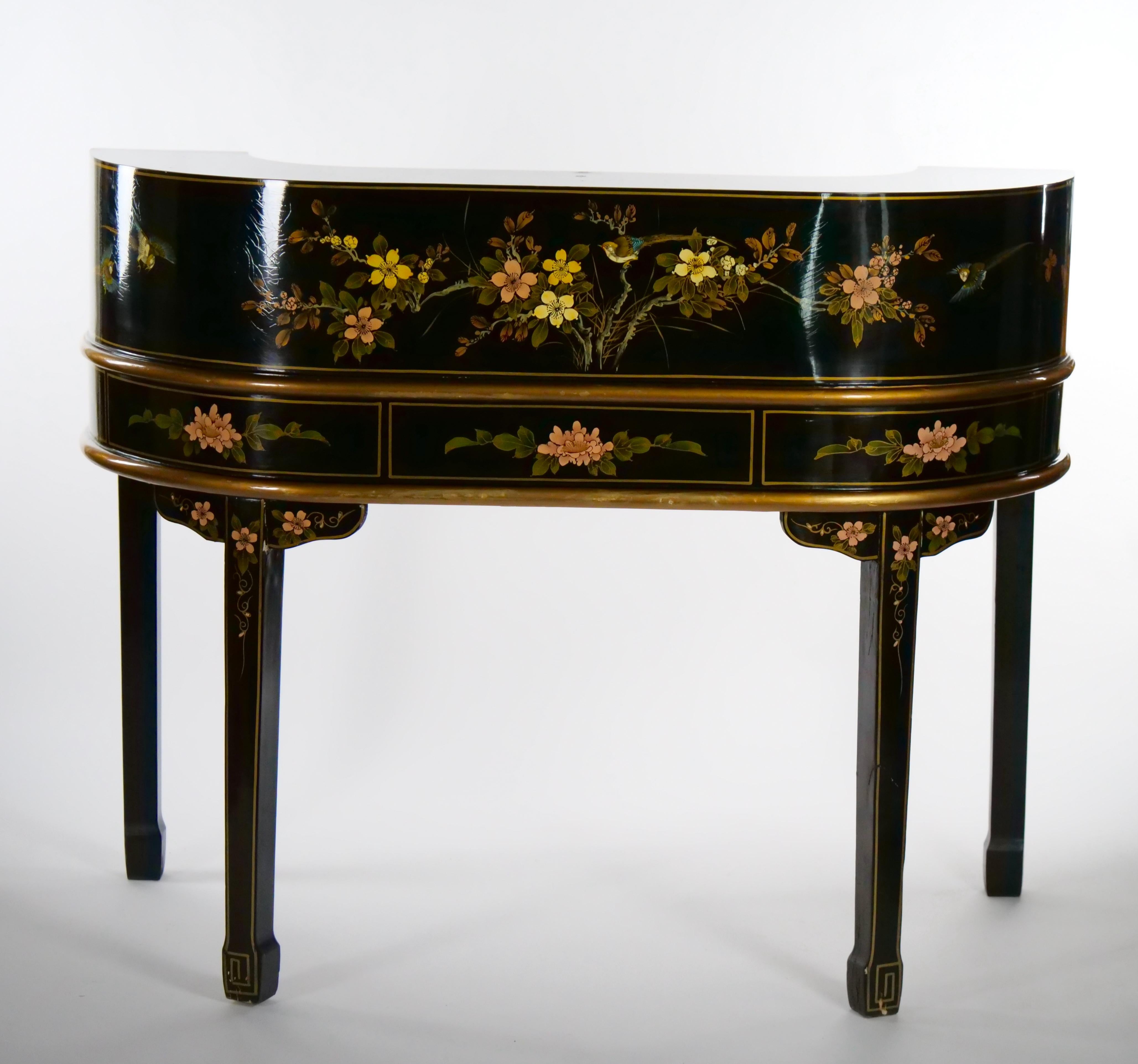Wood Black Lacquered Hand Painted / Decorated Chinoiserie Desk