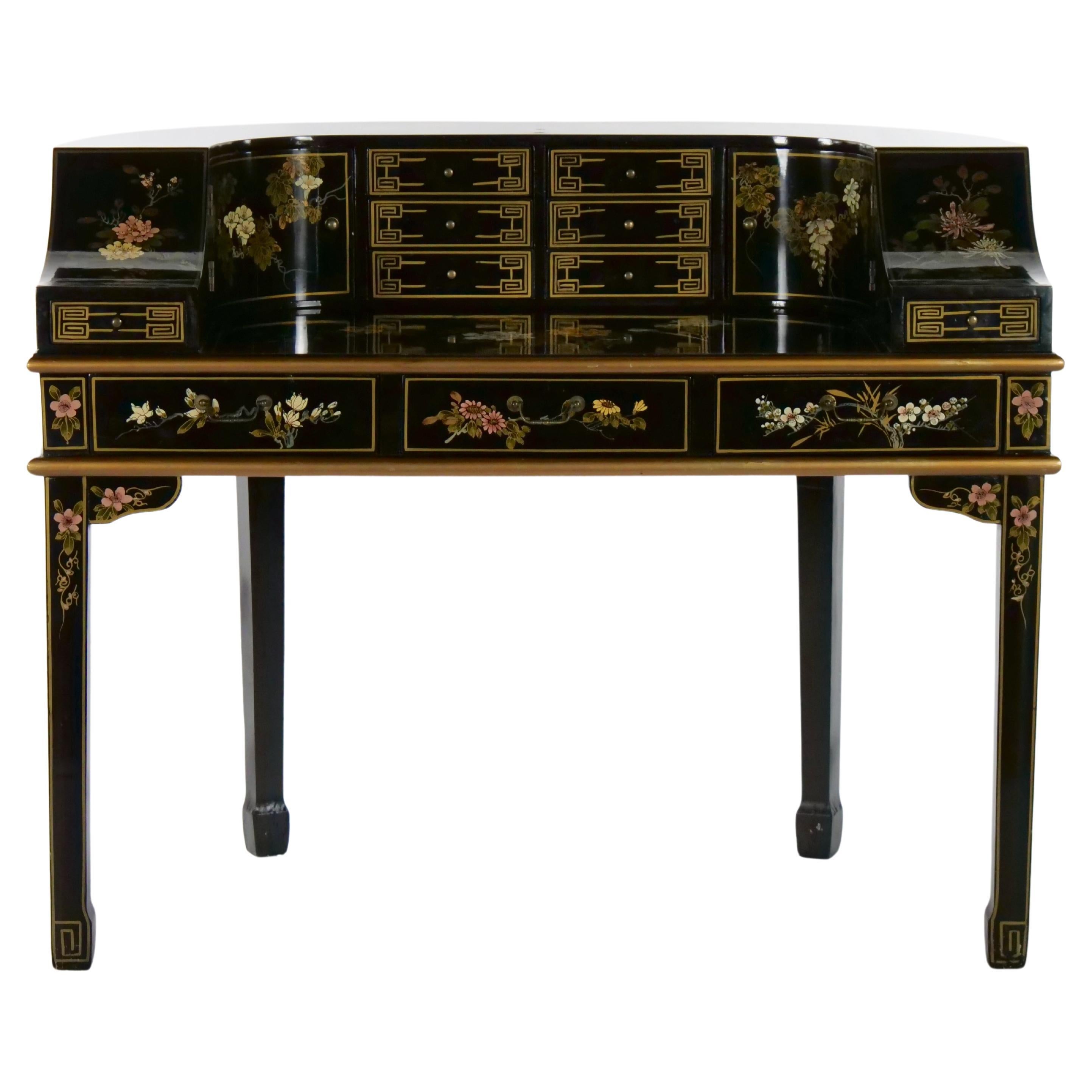 Black Lacquered Hand Painted / Decorated Chinoiserie Desk