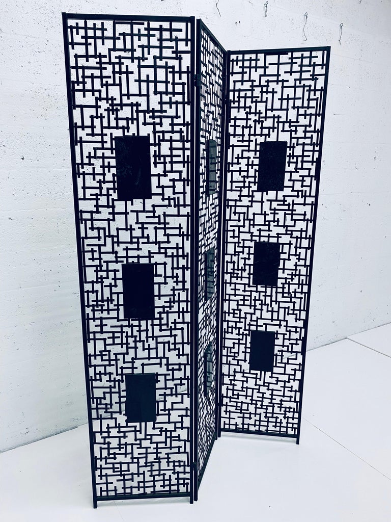 Mid-Century Modern Black Iron Room Divider Screen with Black Tessellated Stone Accents For Sale