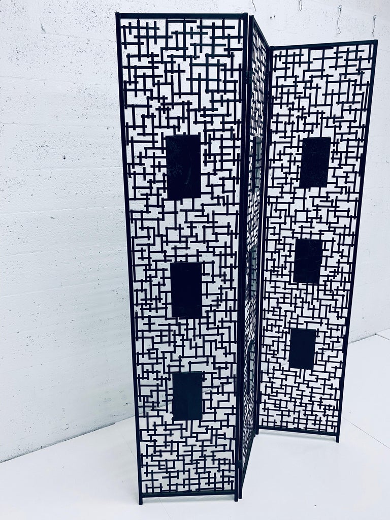 Unknown Black Iron Room Divider Screen with Black Tessellated Stone Accents For Sale