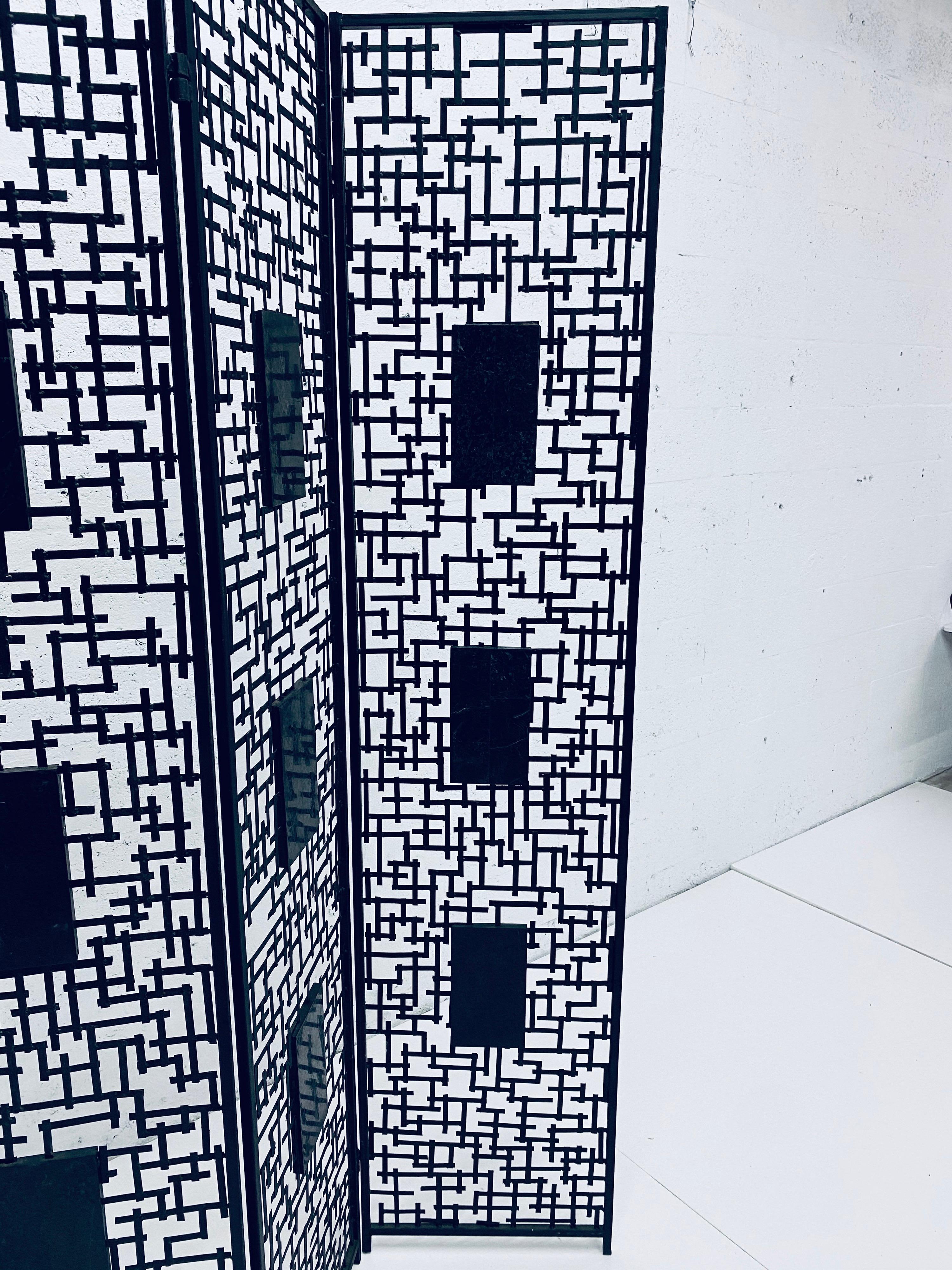 Black Iron Room Divider Screen with Black Tessellated Stone Accents In Good Condition For Sale In Miami, FL