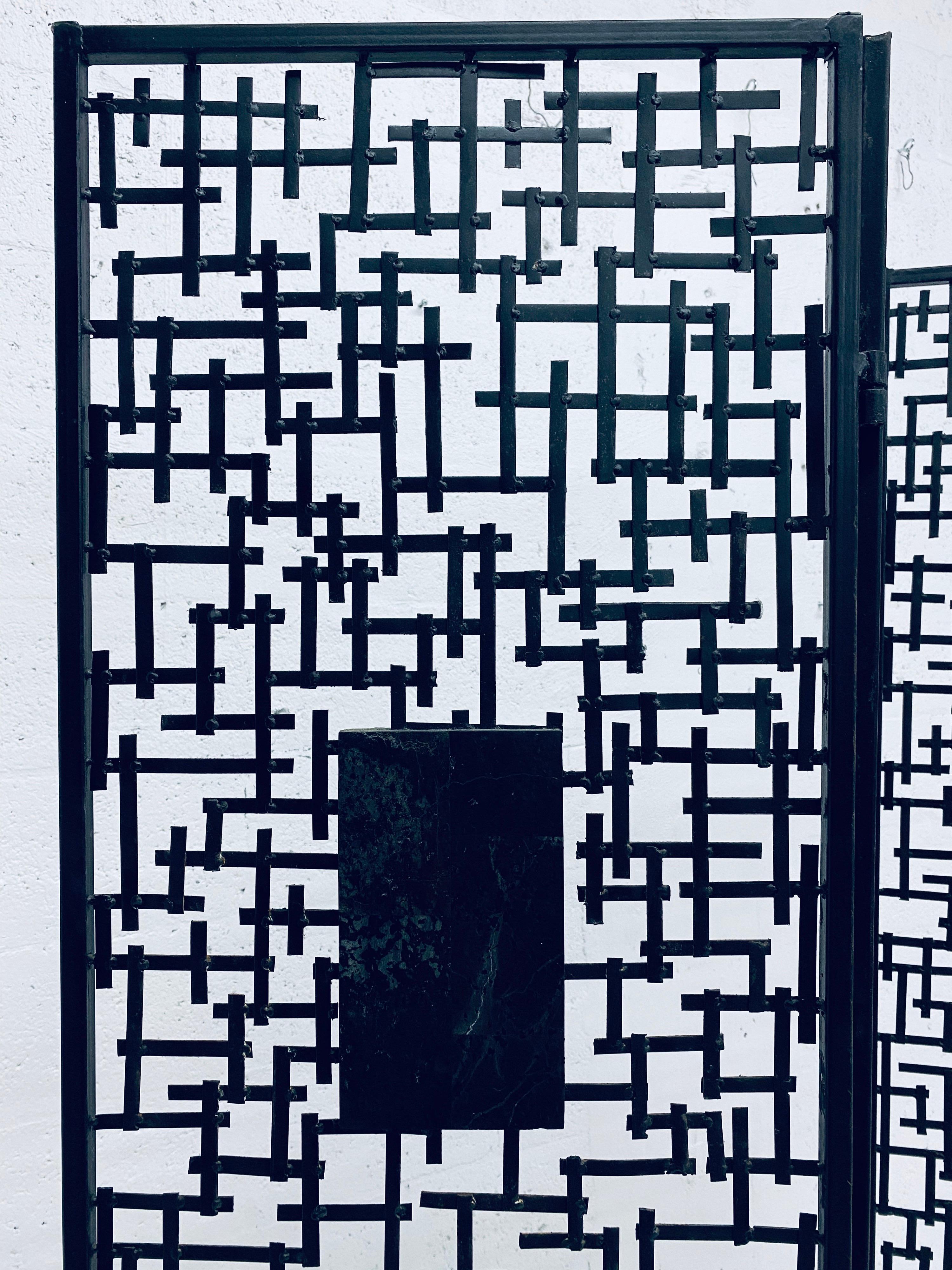 Black Iron Room Divider Screen with Black Tessellated Stone Accents For Sale 1
