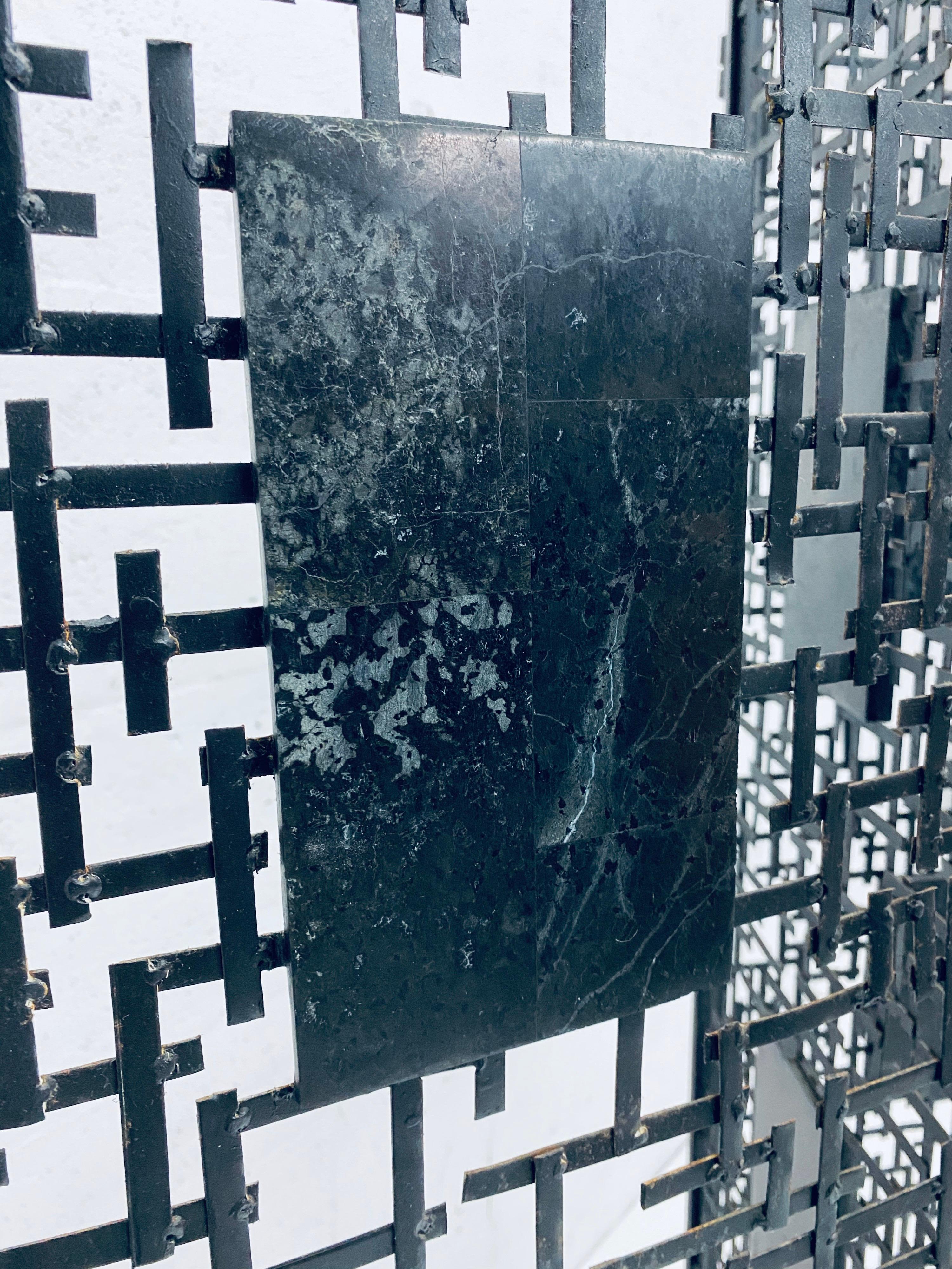 Black Iron Room Divider Screen with Black Tessellated Stone Accents For Sale 1