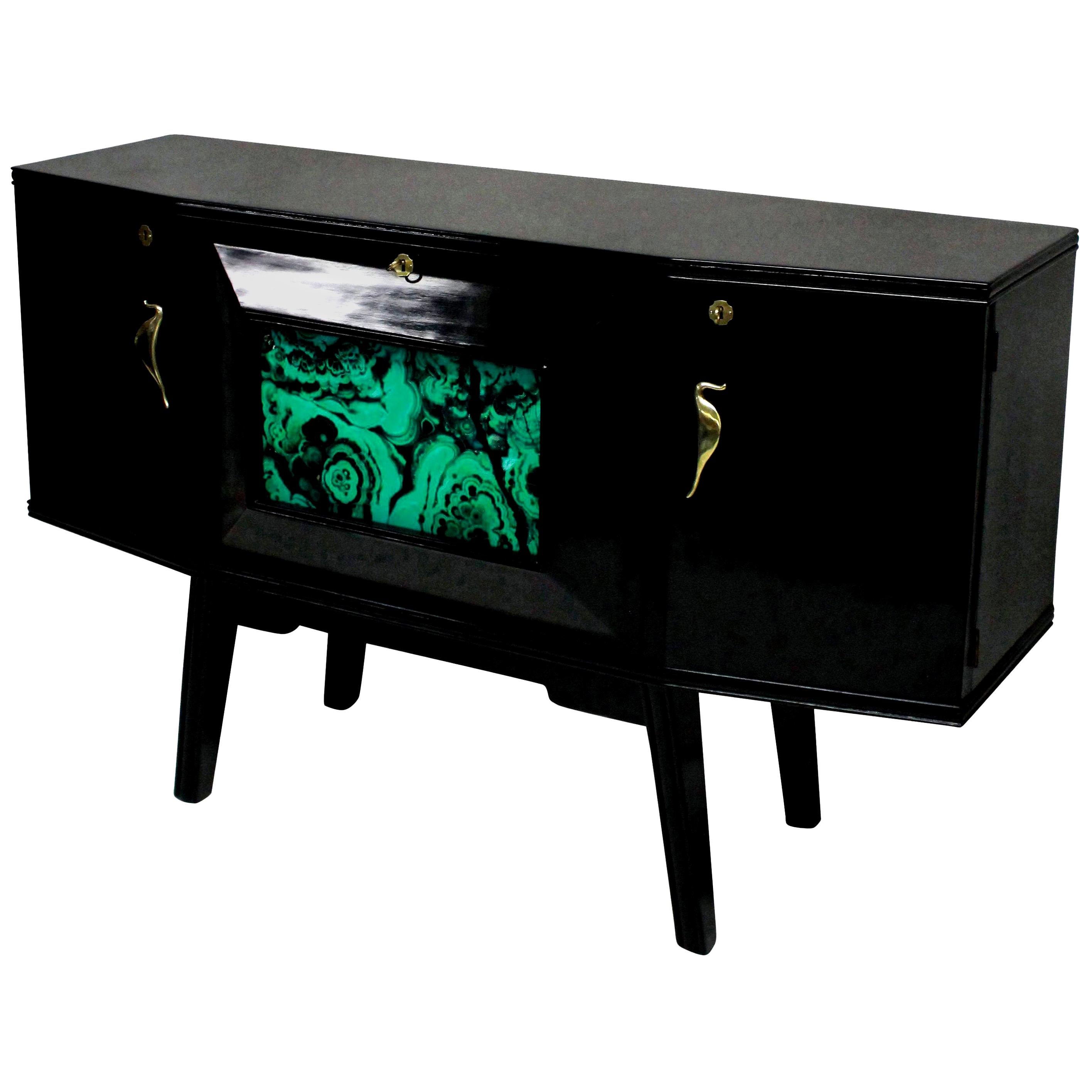 Black Lacquered Italian Bar Credenza with Malachite Detail