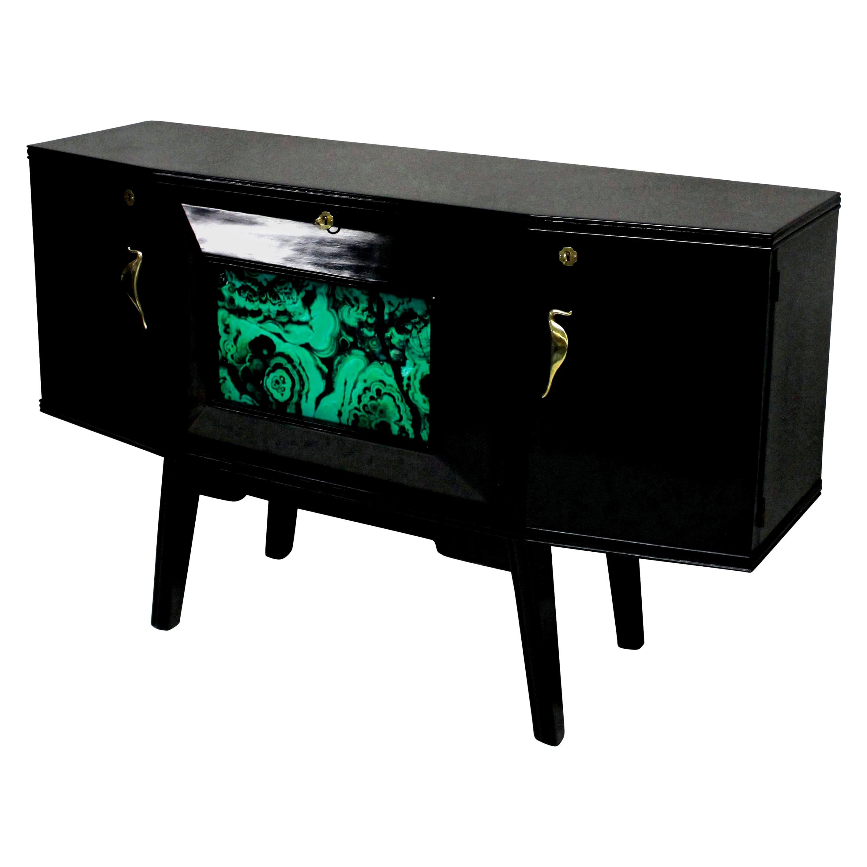 Black Lacquered Italian Bar Credenza with Malachite Detail