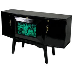 Black Lacquered Italian Bar Credenza with Malachite Detail