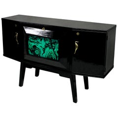 Black Lacquered Italian Bar Credenza with Malachite Panel