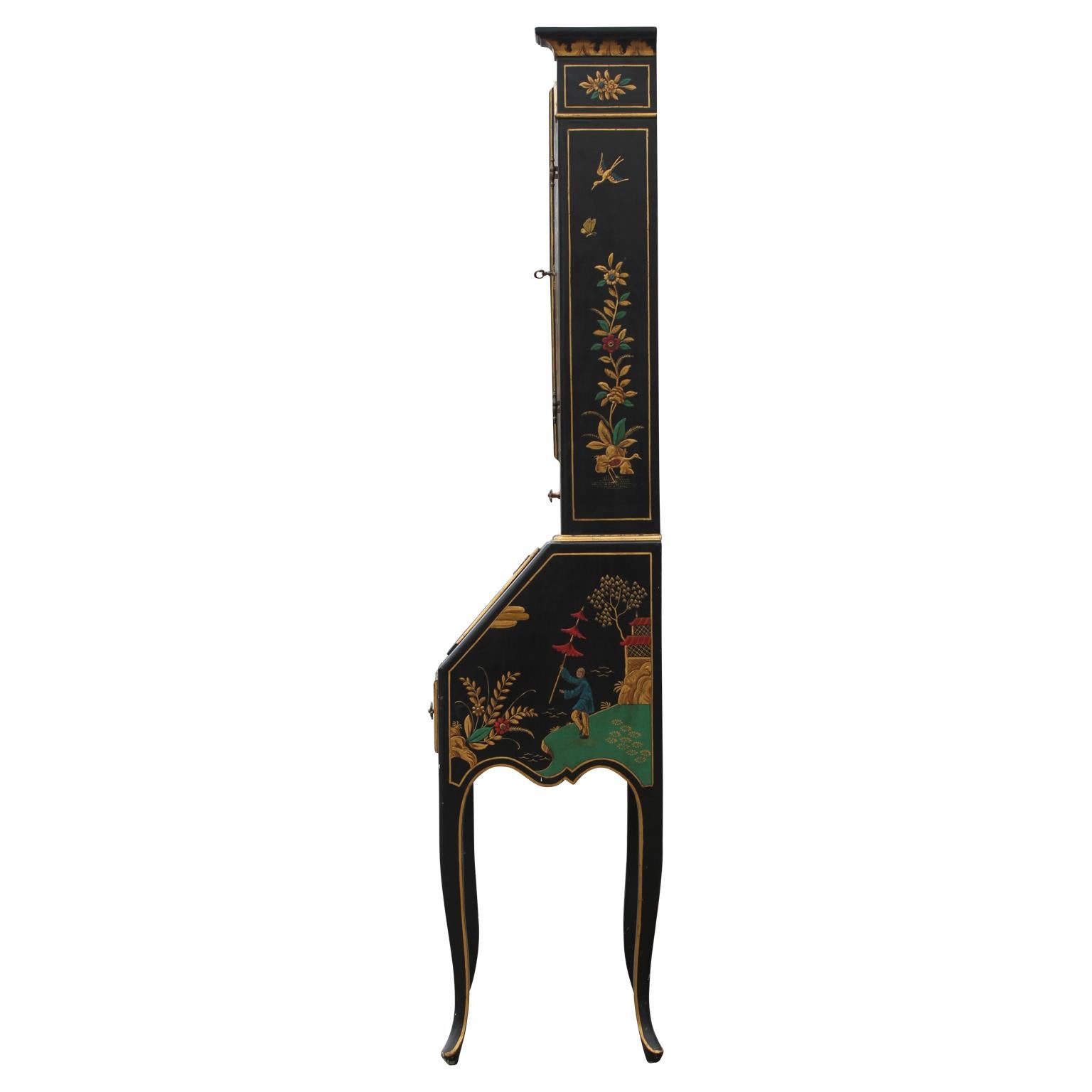 Black Lacquered Italian Chinoiserie Petite Secretary In Excellent Condition In Houston, TX