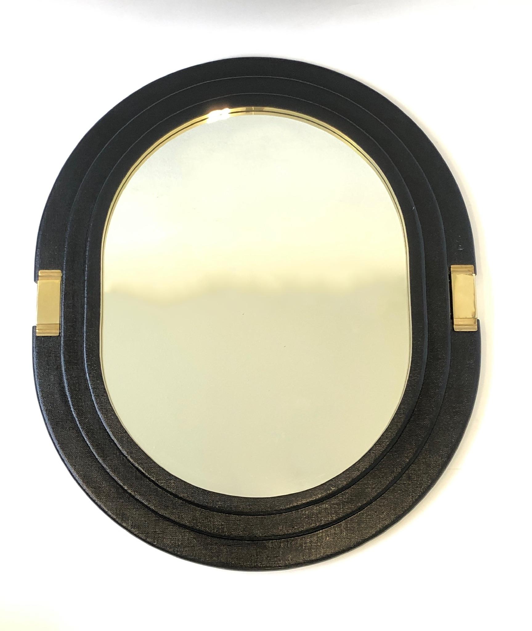 Modern Black Lacquered Linen and Brass Oval Mirror 