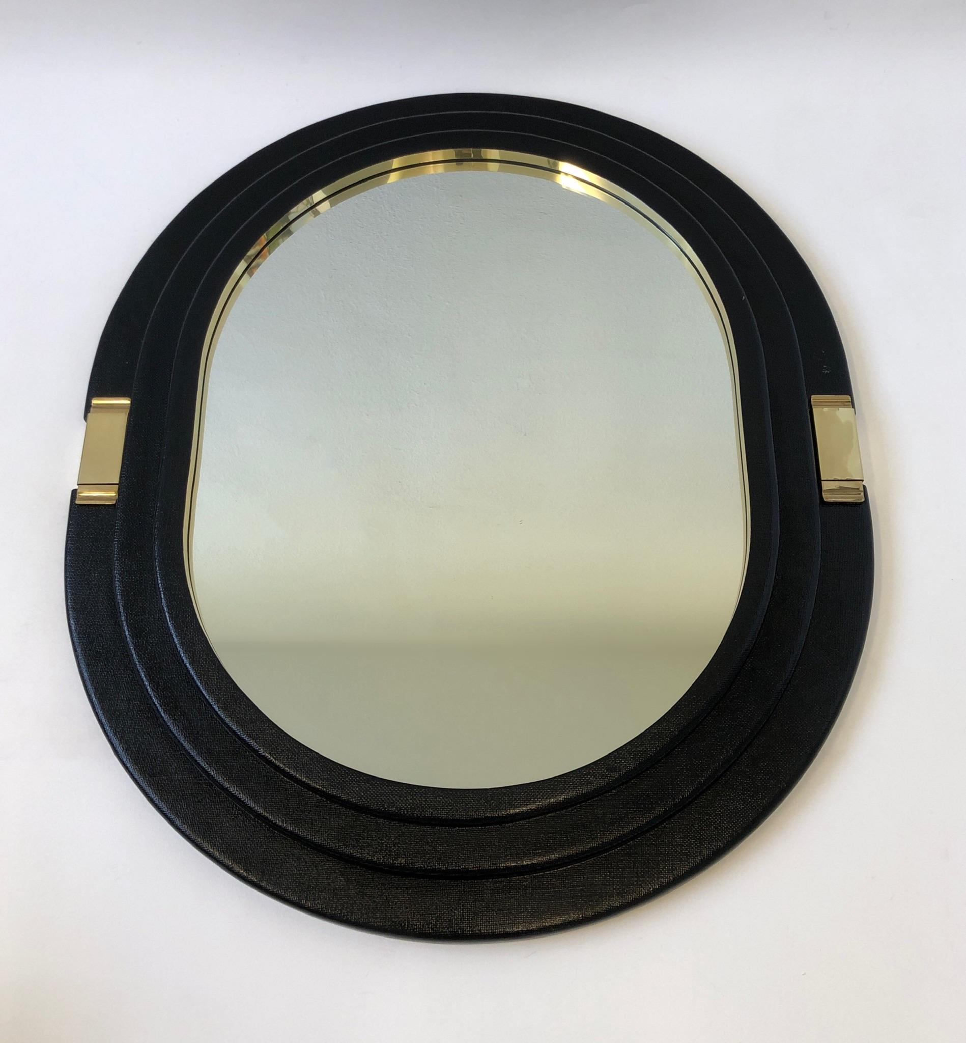 Black Lacquered Linen and Brass Oval Mirror  1