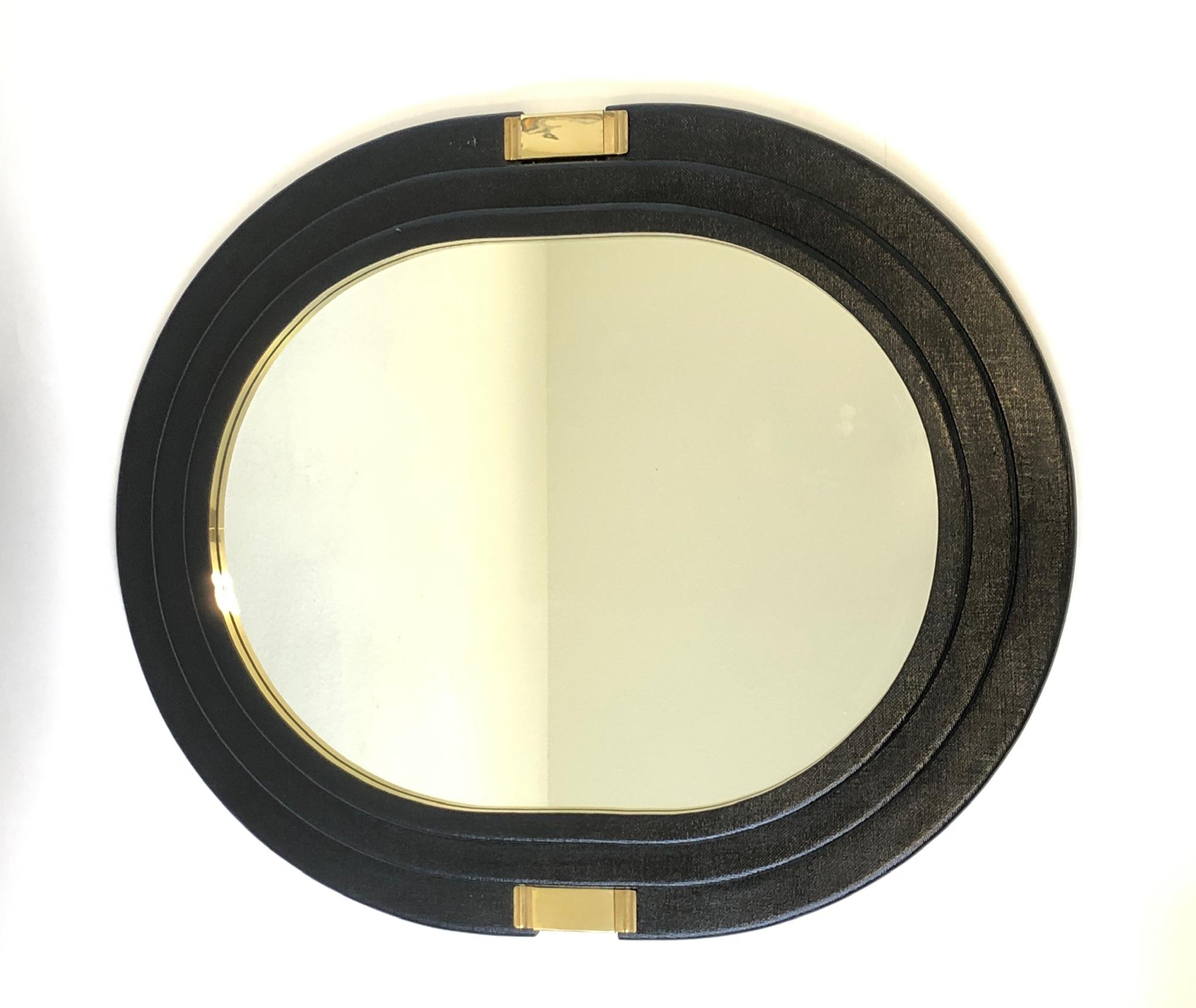 Black Lacquered Linen and Brass Oval Mirror  2