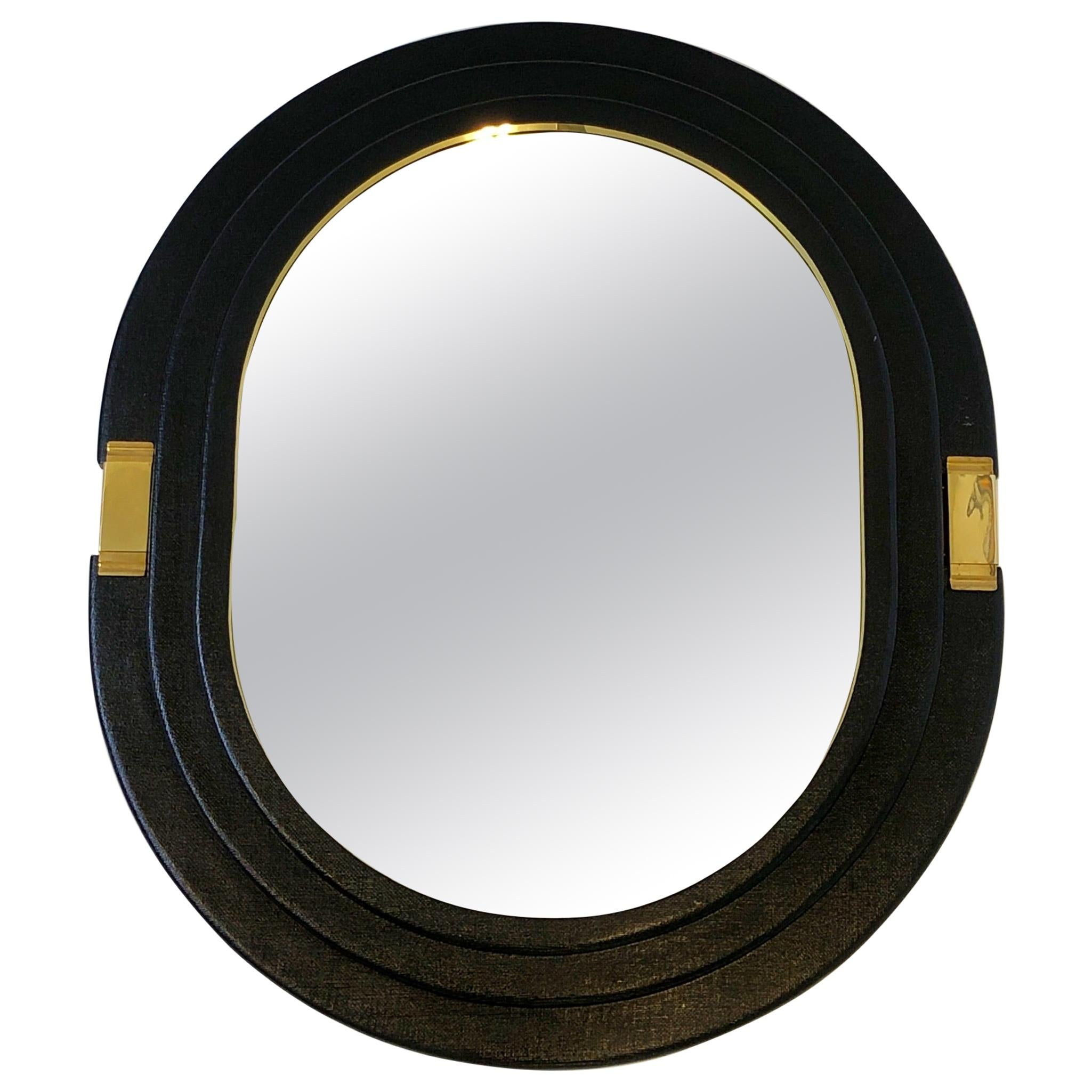 Black Lacquered Linen and Brass Oval Mirror 