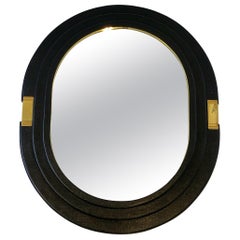 Black Lacquered Linen and Brass Oval Mirror 