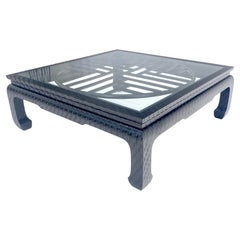 Black Lacquered Linen Cloth Covered 40" Square Glass Top 1970s Coffee Table MINT