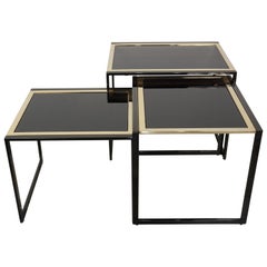 Black Lacquered Metal and Black Mirror Glass Nesting Tables Set