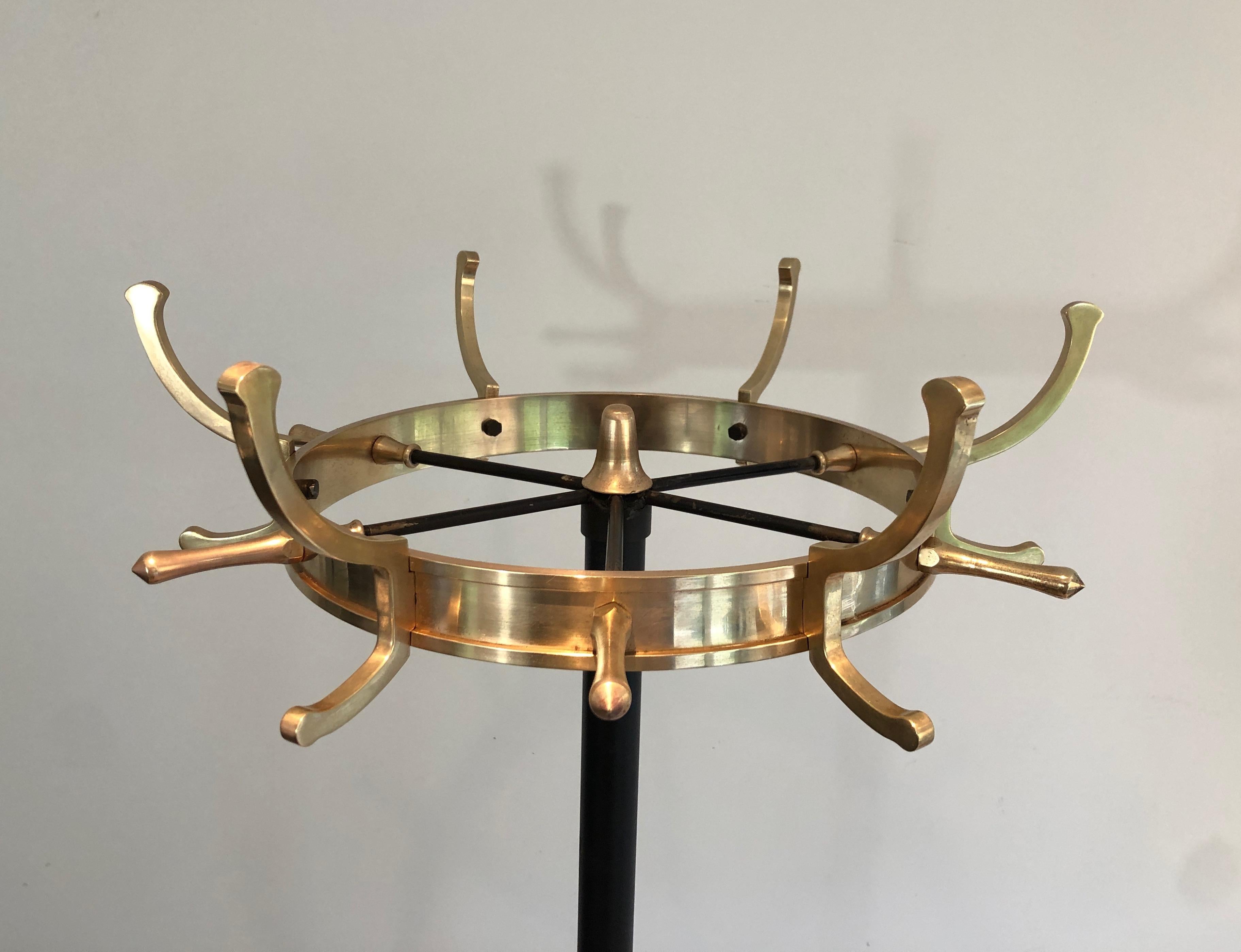 French Black Lacquered Metal and Brass Coat Rack by Jacques Adnet
