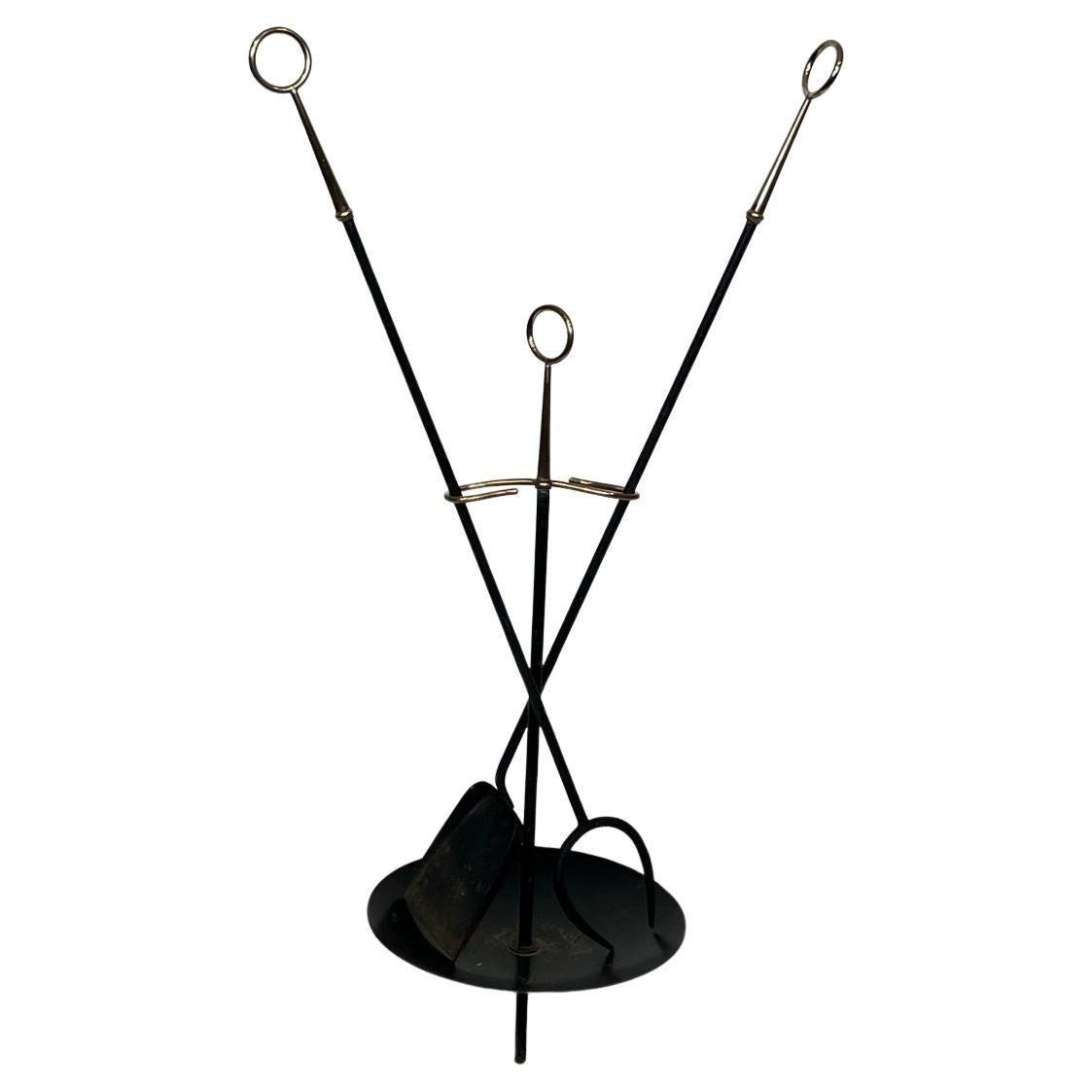 Black Lacquered Metal and Brass Design Fireplace Tools, circa 1970