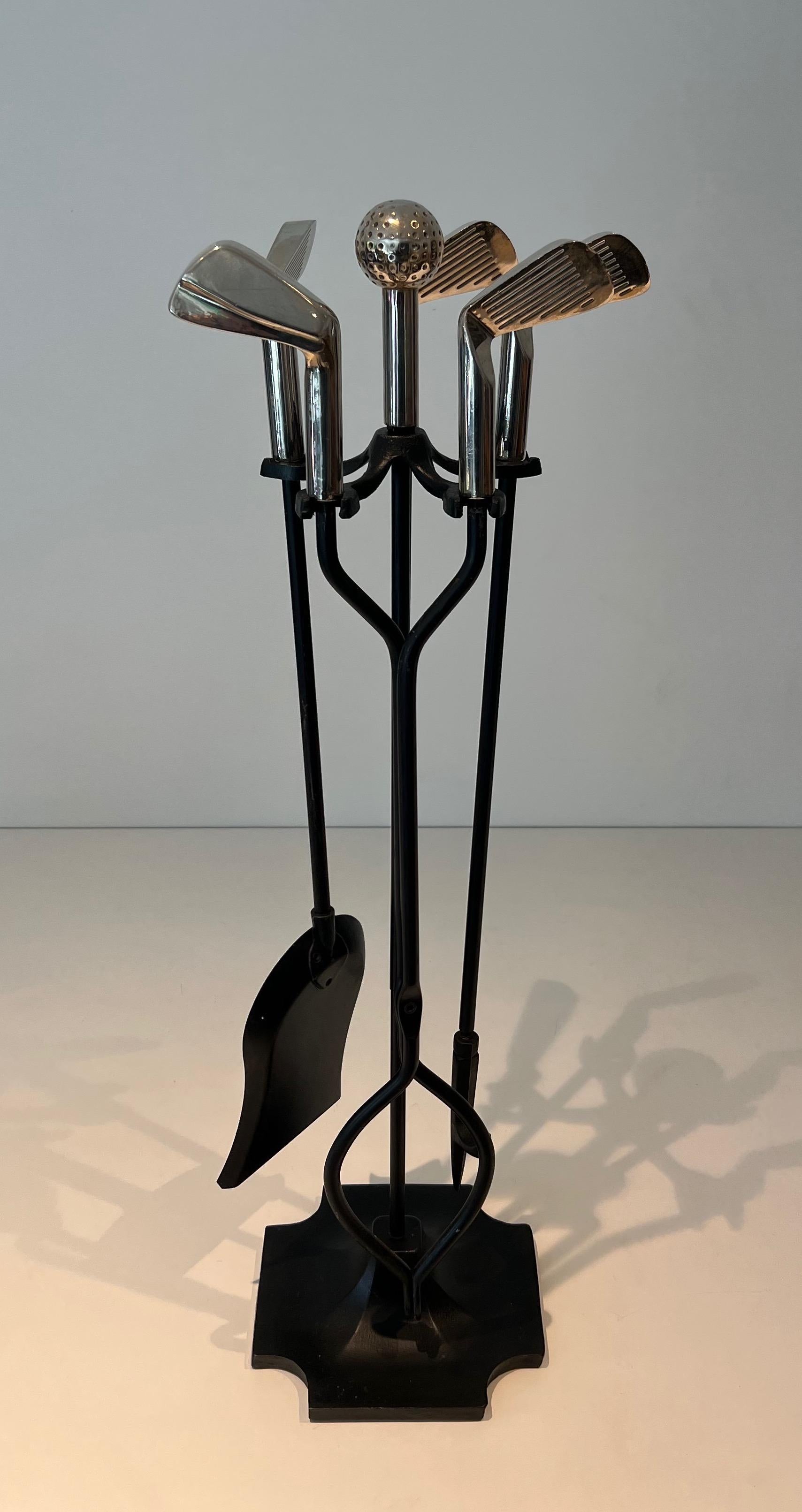 Black Lacquered Metal and Chrome Fireplace Tools on Stand 