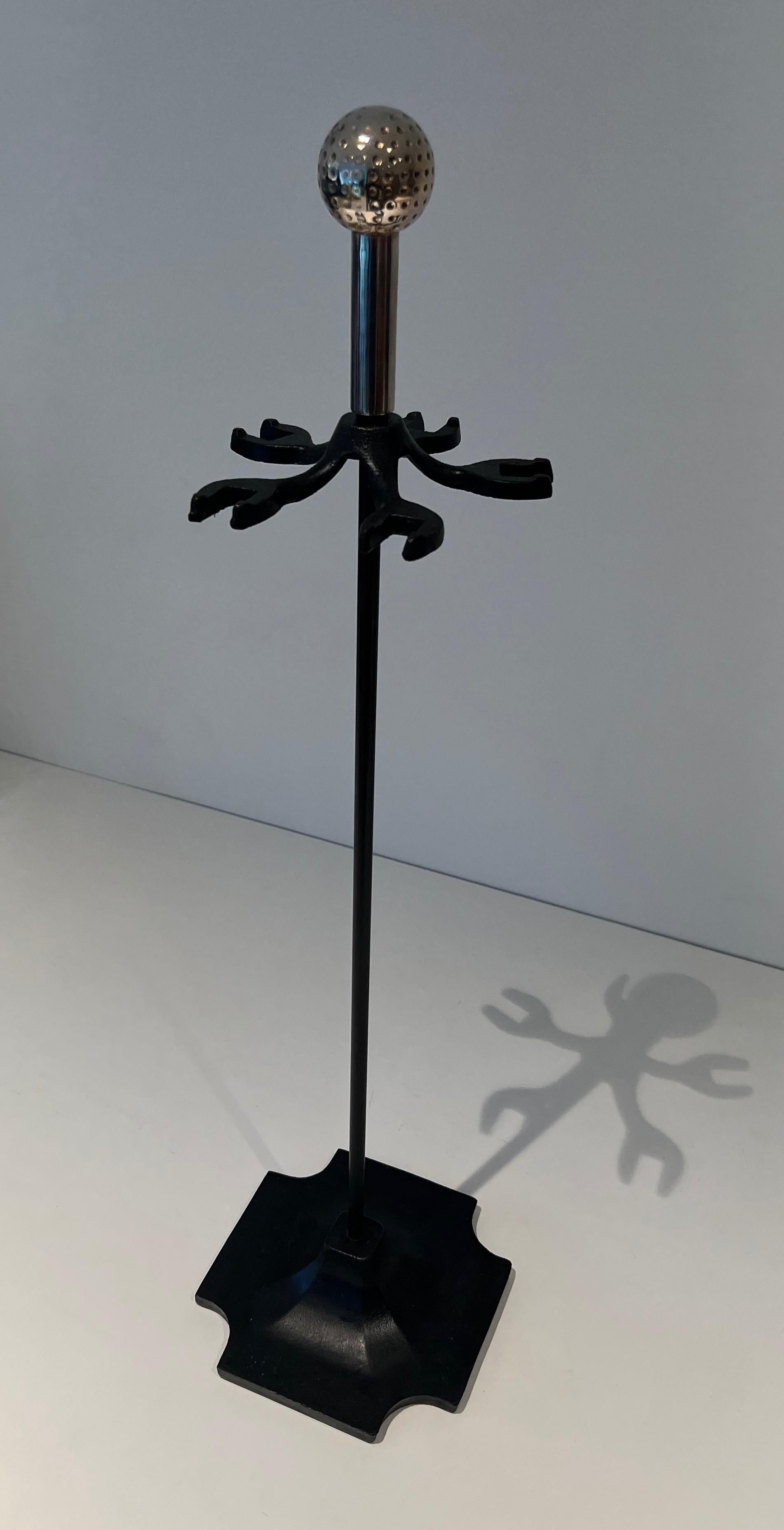 Black Lacquered Metal and Chrome Fireplace Tools on Stand 