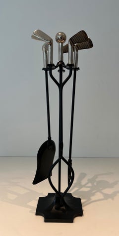 Black Lacquered Metal and Chrome Fireplace Tools on Stand "Golf" Model