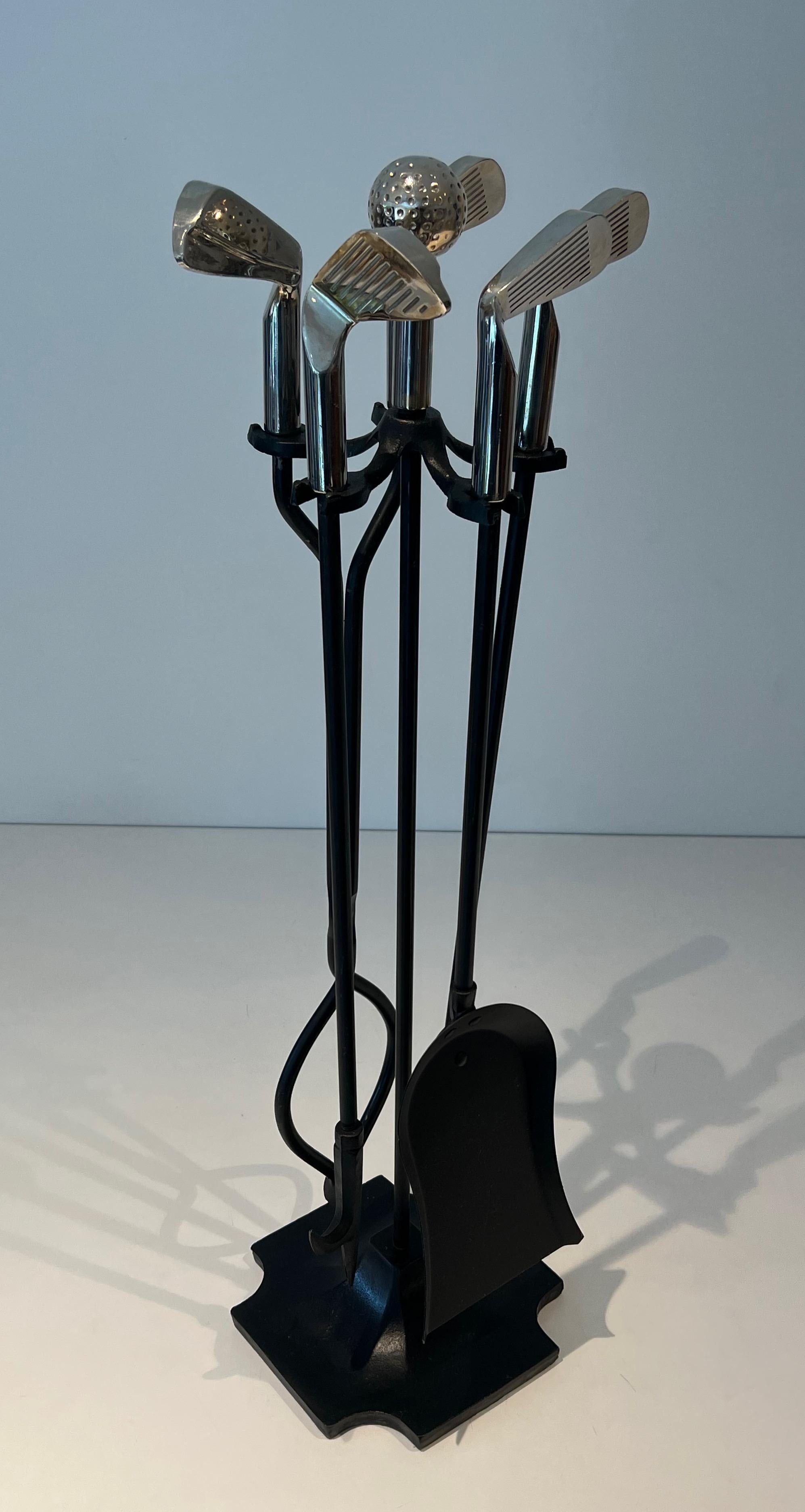 Mid-Century Modern Black Lacquered Metal and Chrome Fireplace Tools on Stand 