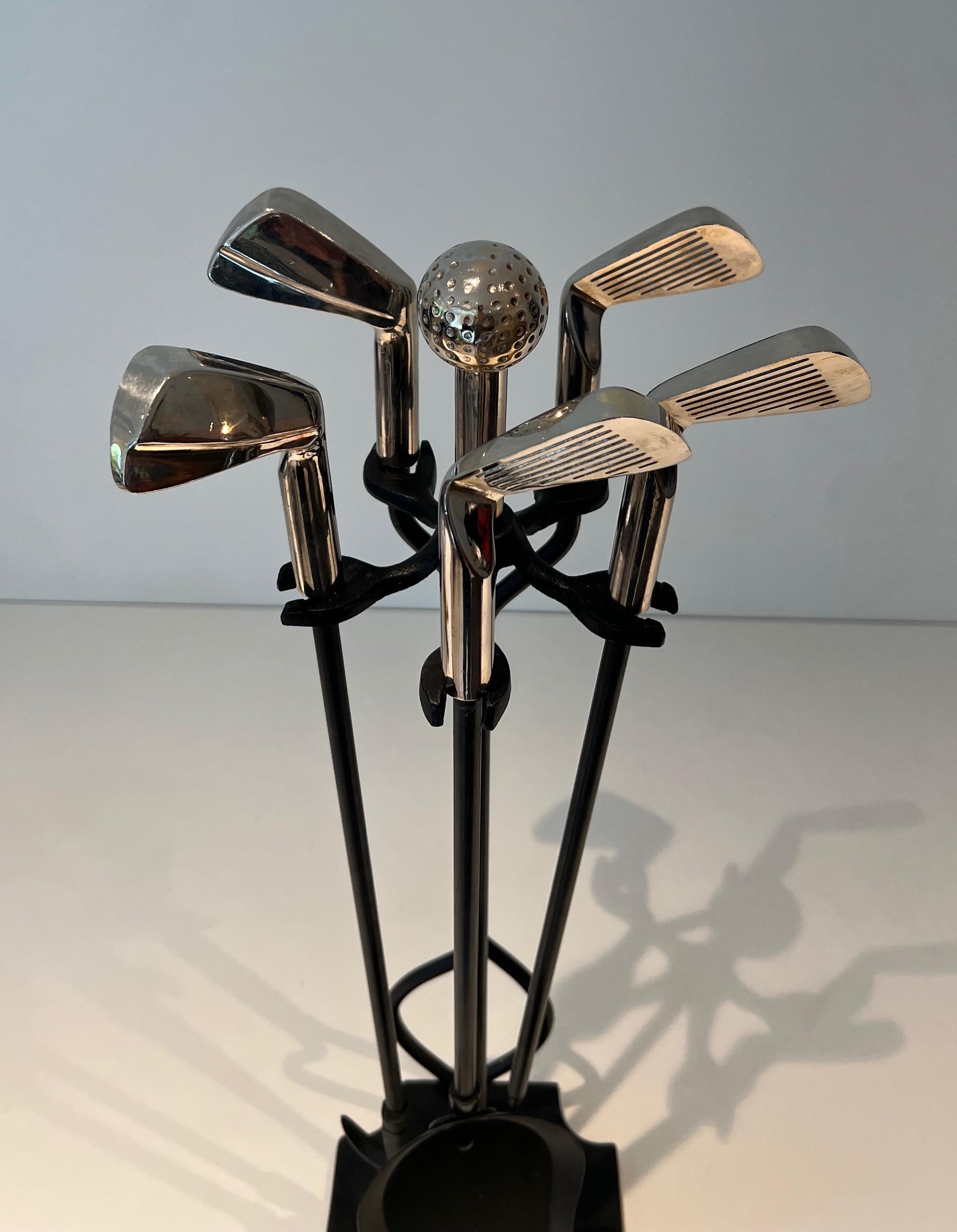 Late 20th Century Black Lacquered Metal and Chrome Fireplace Tools on Stand 