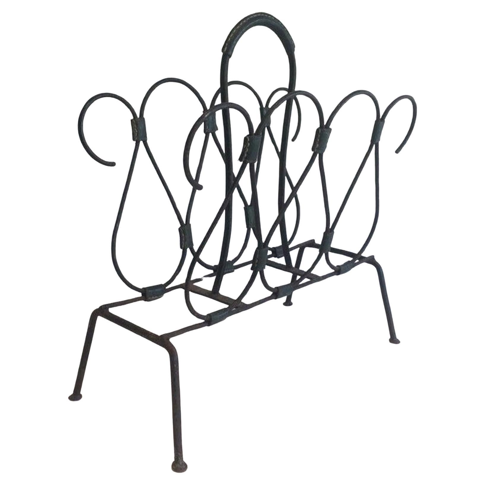 Black lacquered Metal and Leather Magazine Rack Attributed to Jacques Adnet. For Sale