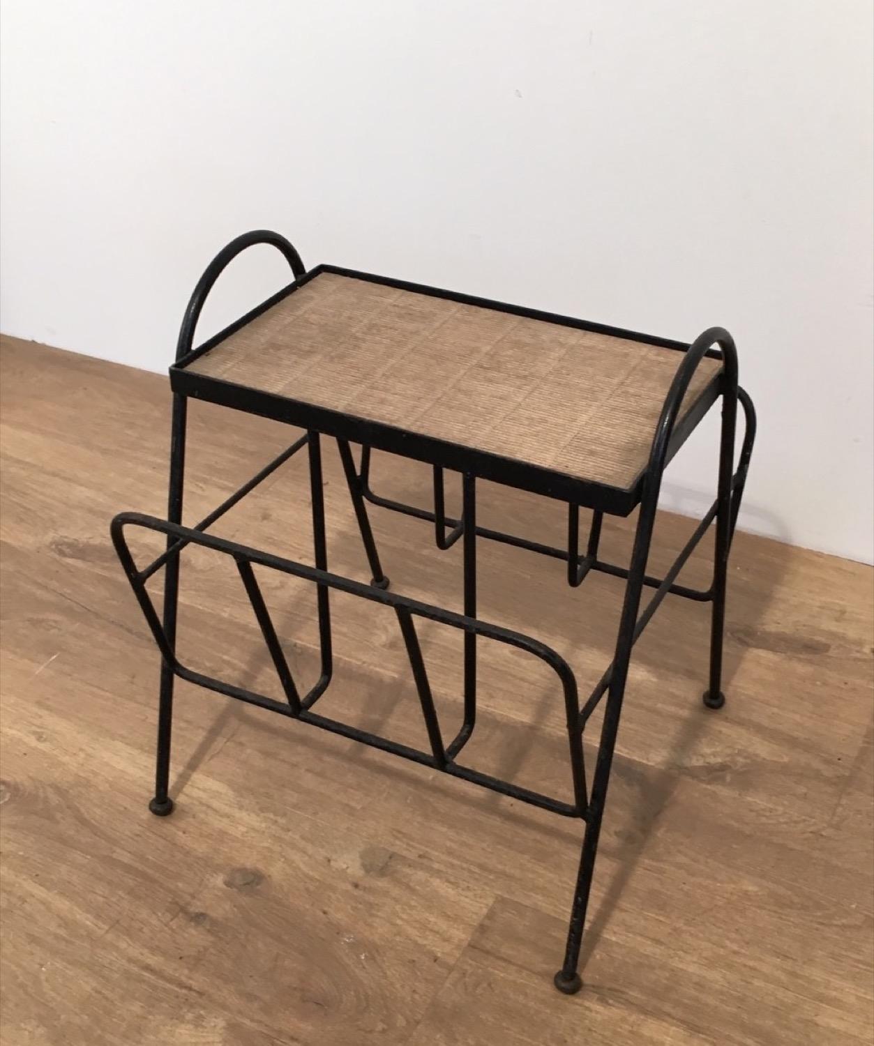 Black Lacquered Metal and Rattan Magazine Rack, French, circa 1950 7