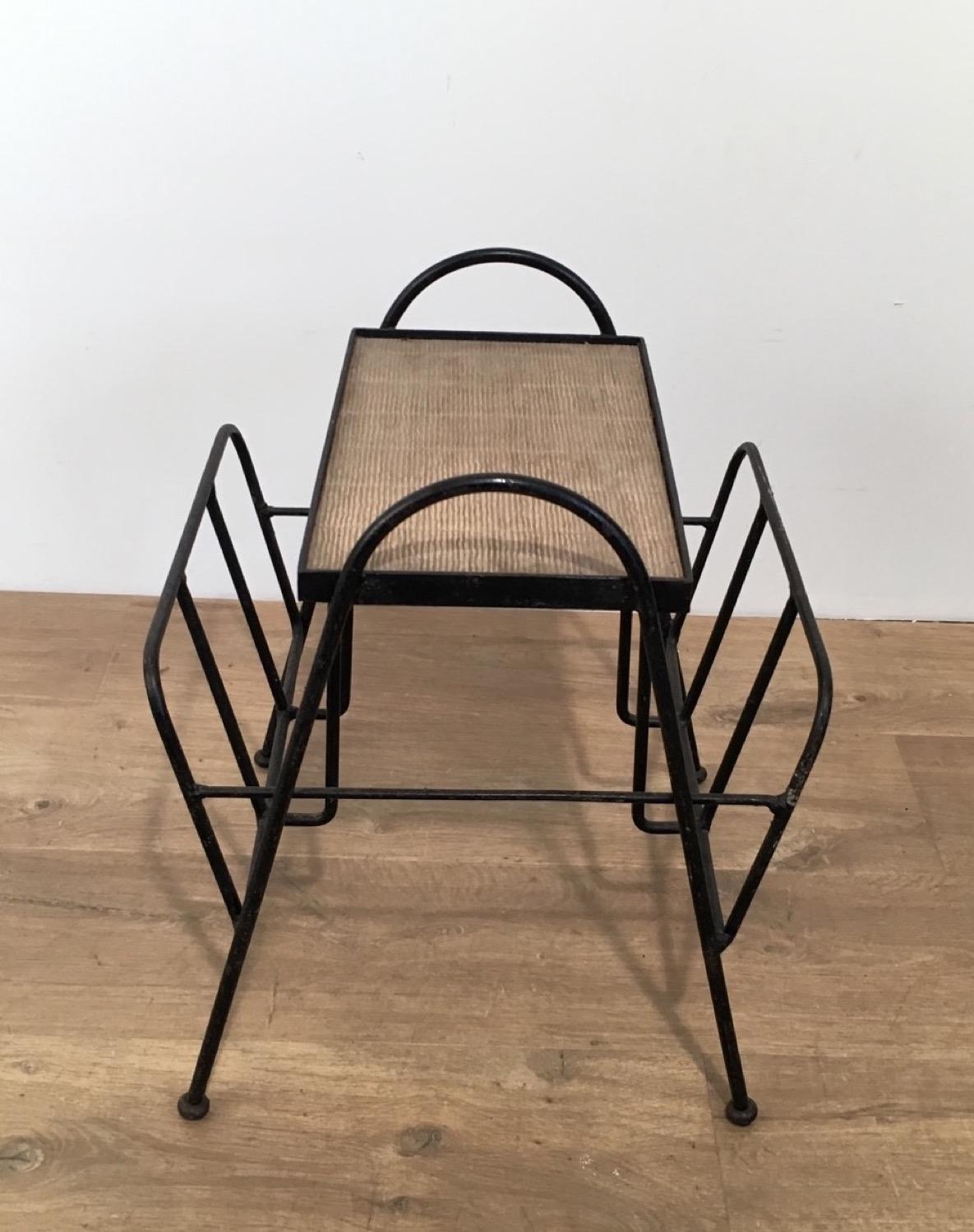 Mid-Century Modern Black Lacquered Metal and Rattan Magazine Rack, French, circa 1950