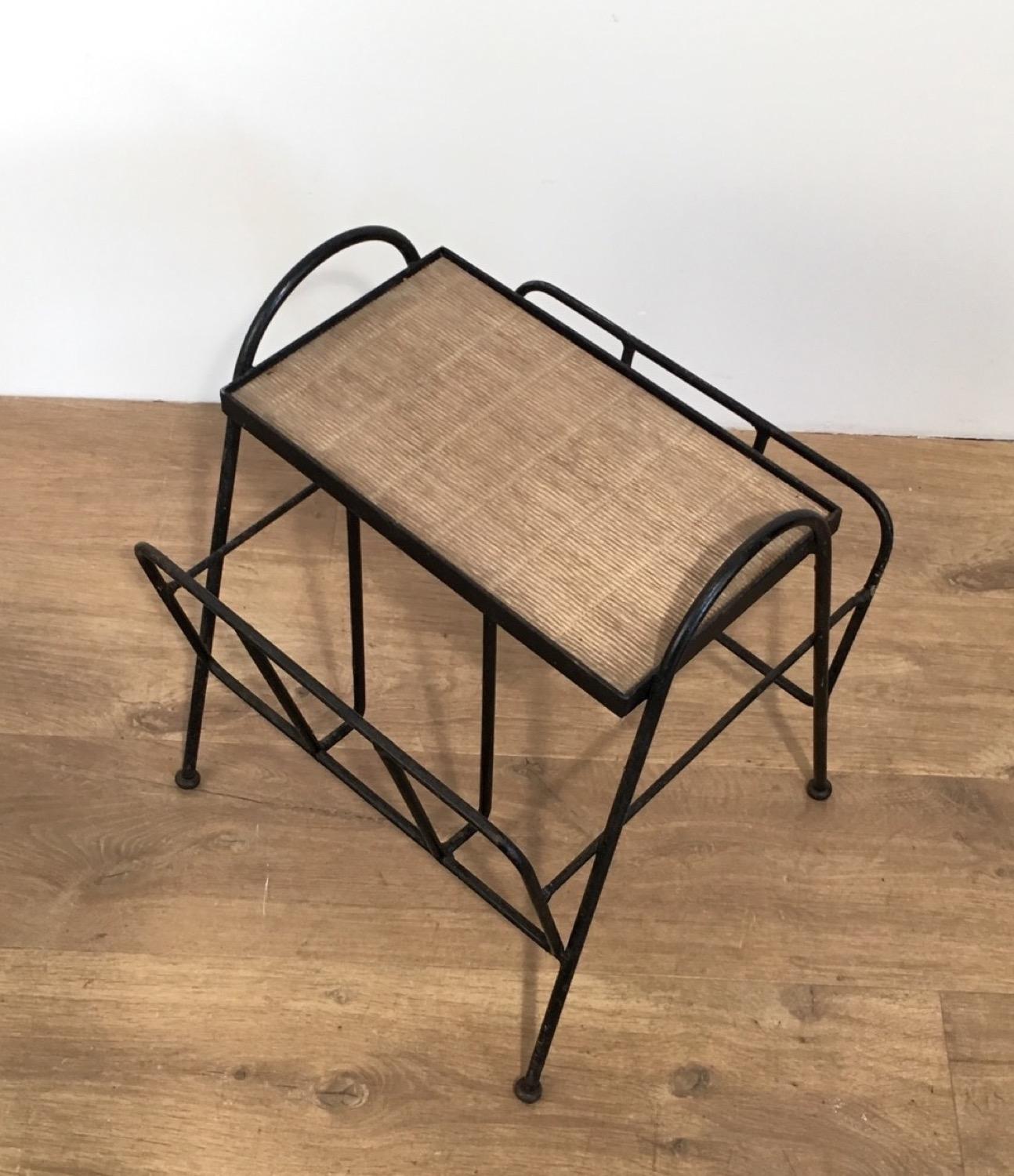 Mid-20th Century Black Lacquered Metal and Rattan Magazine Rack, French, circa 1950